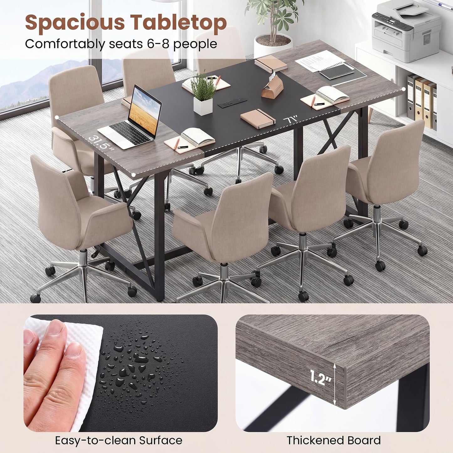 Giantex 6FT Conference Table with Power Outlets, Large Rectangle Meeting Table for 6-8 People, Modern Seminar Boardroom Table w/Stable Metal Frame, Computer Desk for Office Conference (Black,1)