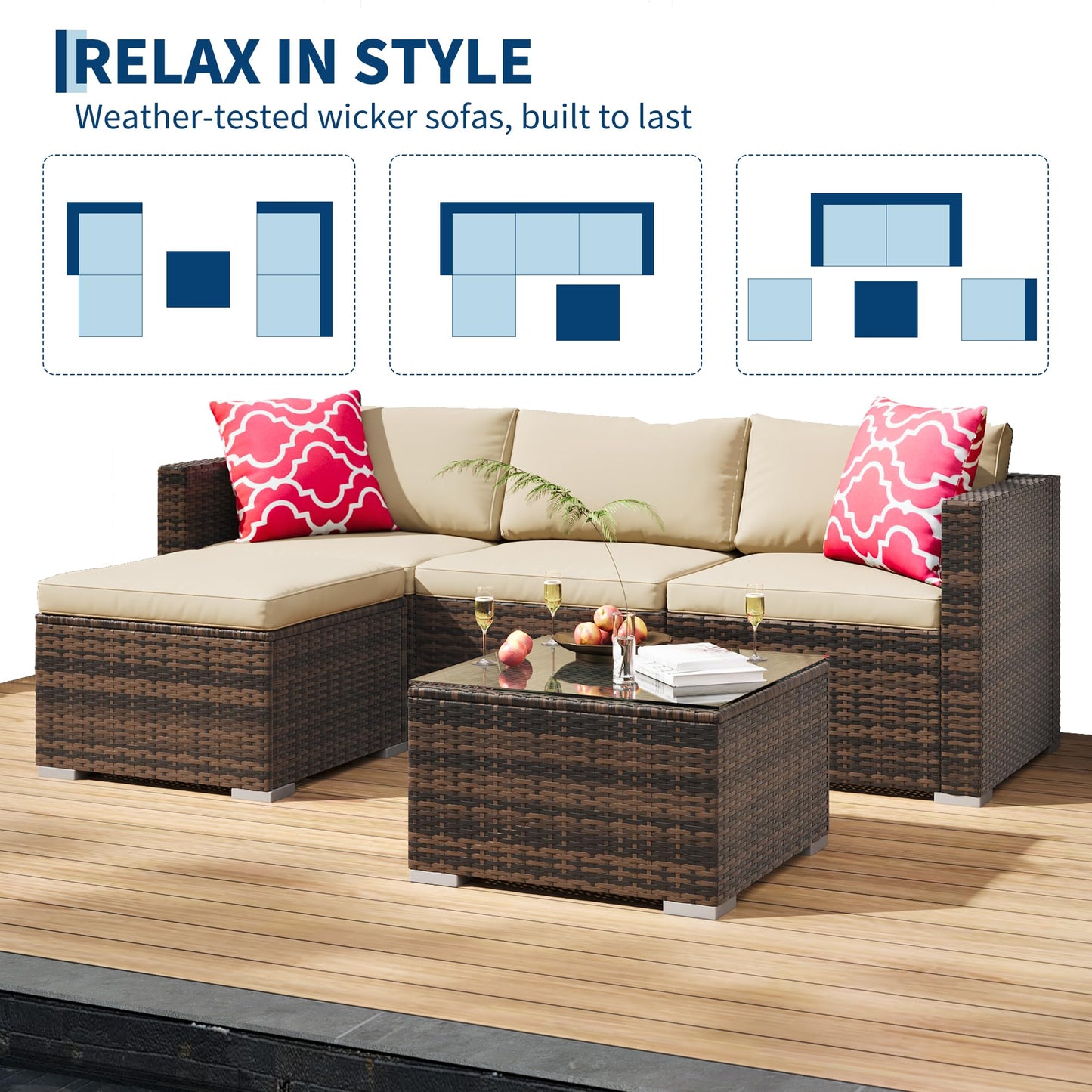 PeakPursuit Outdoor Patio Furniture Set, 5 Pieces Rattan Patio Conversation Sets with Glass Coffee Table and Cushion,All Weather Outdoor Patio Sofa for Garden, Poolside, Backyard,Khaki