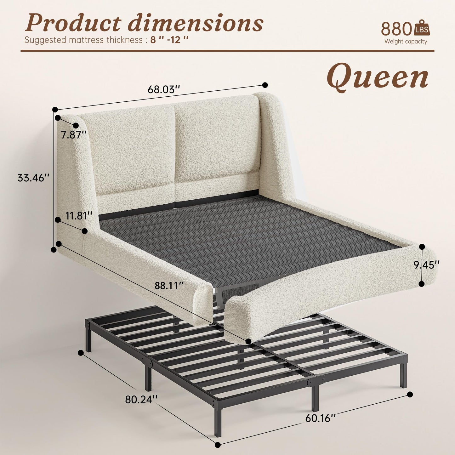Homkdom Cloud Bed Frame with 5" Thick Headboard Protection, Upholstered Soft Queen Bed Frame for Active Families, Bed Frame Queen Size for Minimalist & Modern Bedroom, No Box Spring Needed, White