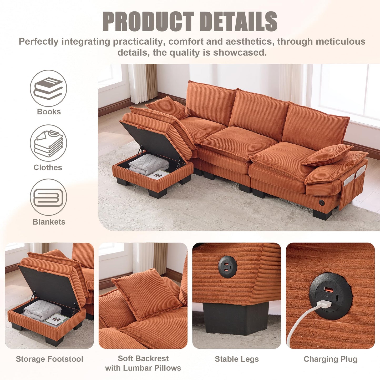 130" Oversized Modular Cloud Sectional Sofa Convertible U/L Shaped Couch Sets for Living Room - 6 Seater Corduroy Cloud Cushion Couches with Storage Ottomans and Pillow Armrest