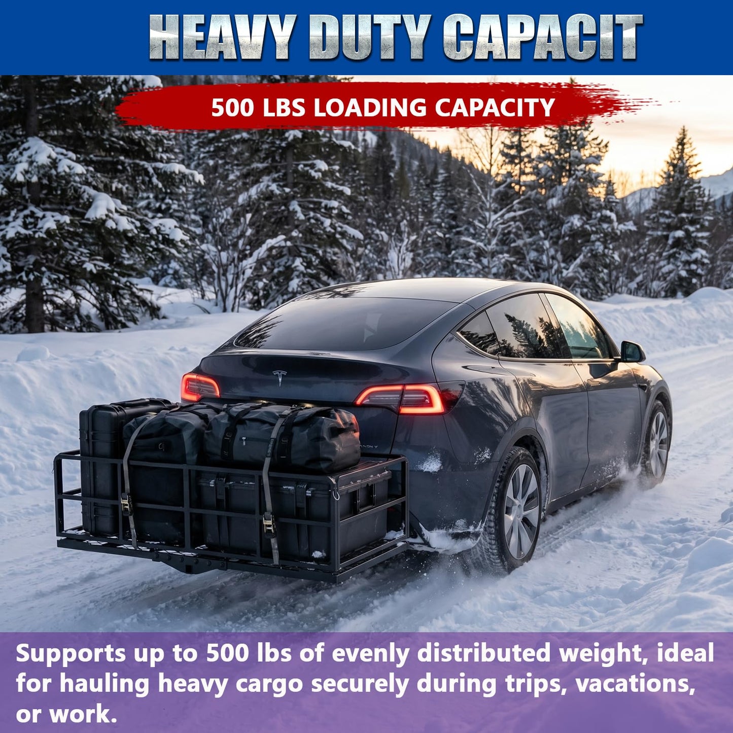 Foldable Hitch Mount Cargo Carrier Basket 61" x 25" x 16" for 2 Inch Hitches Receiver, 500 Lbs Capacity, Easy Folding, Multiple-Tightener Anti Rattle Design, High Ground Clearance, Trailer Pin Lock