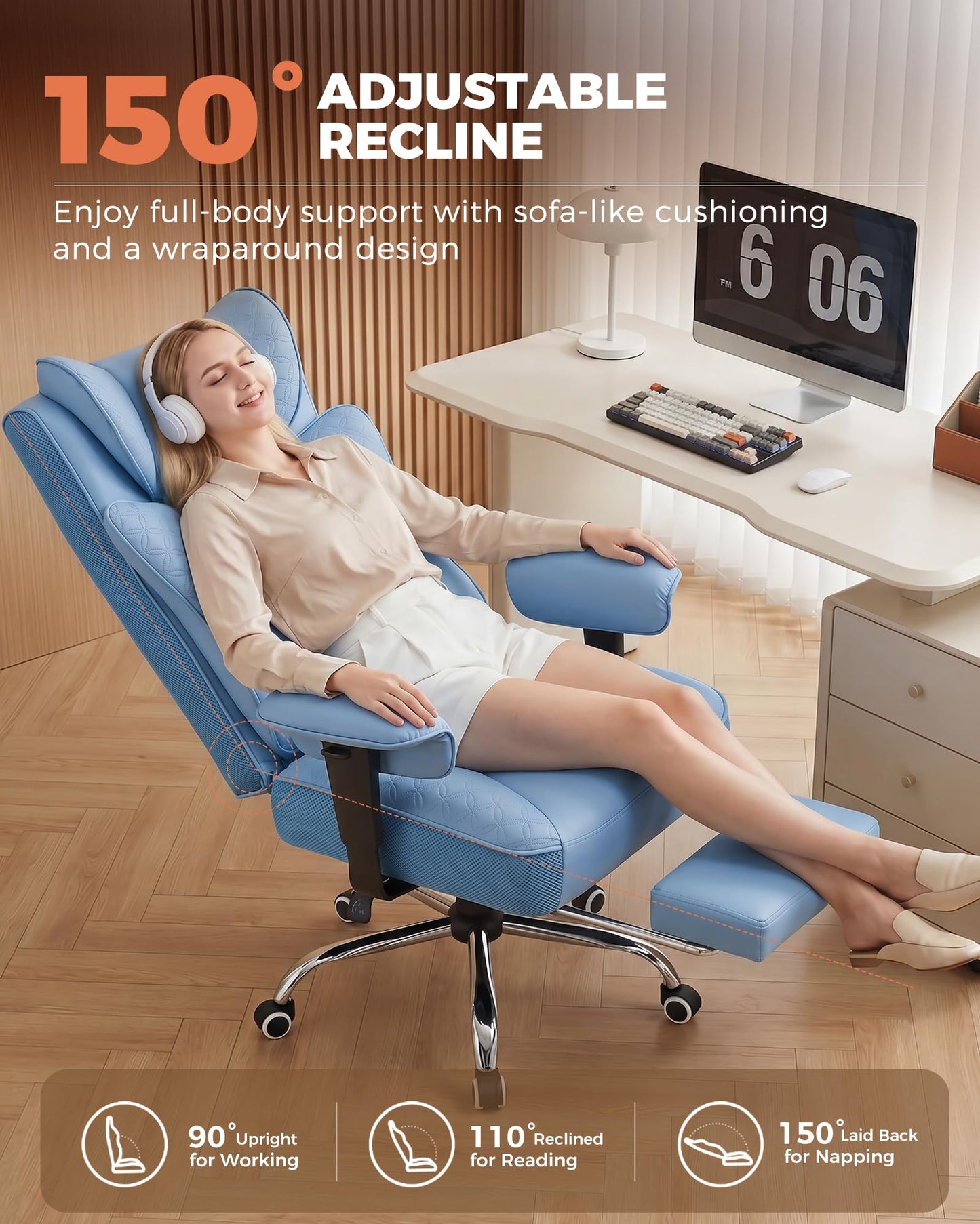 GTPLAYER Big and Tall Office Chair, Wide Ergonomic Gaming Chair with Deluxe Embossing Designed Leather with Foot Rest,150°Reclining Adjustable Soft Armrests Pocket Spring Back Support and Pillow
