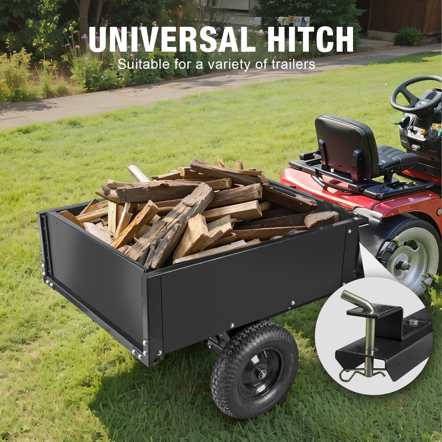 Big RED Heavy Duty ATV Trailer Steel Dump Cart: Yard Garden Trailer for Lawn Mower, Tractor, Garden Waste - 450lbs, 10 cu.ft Capacity