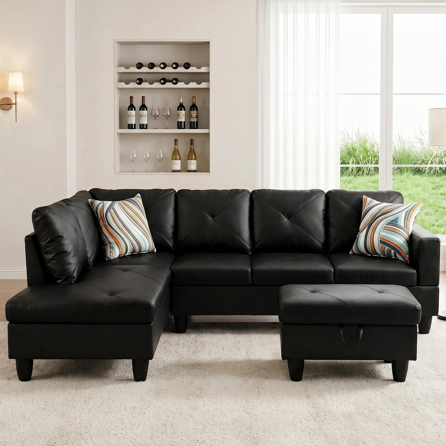 Topcomfy Leather L Shaped Sectional Couches for Living Room - 97.5“ x 66.5" Modular Sectional Sofa with Storage Ottoman, 4 Seat Home Sofa Living Room Furniture Sets with Chaise for Apartment, Black