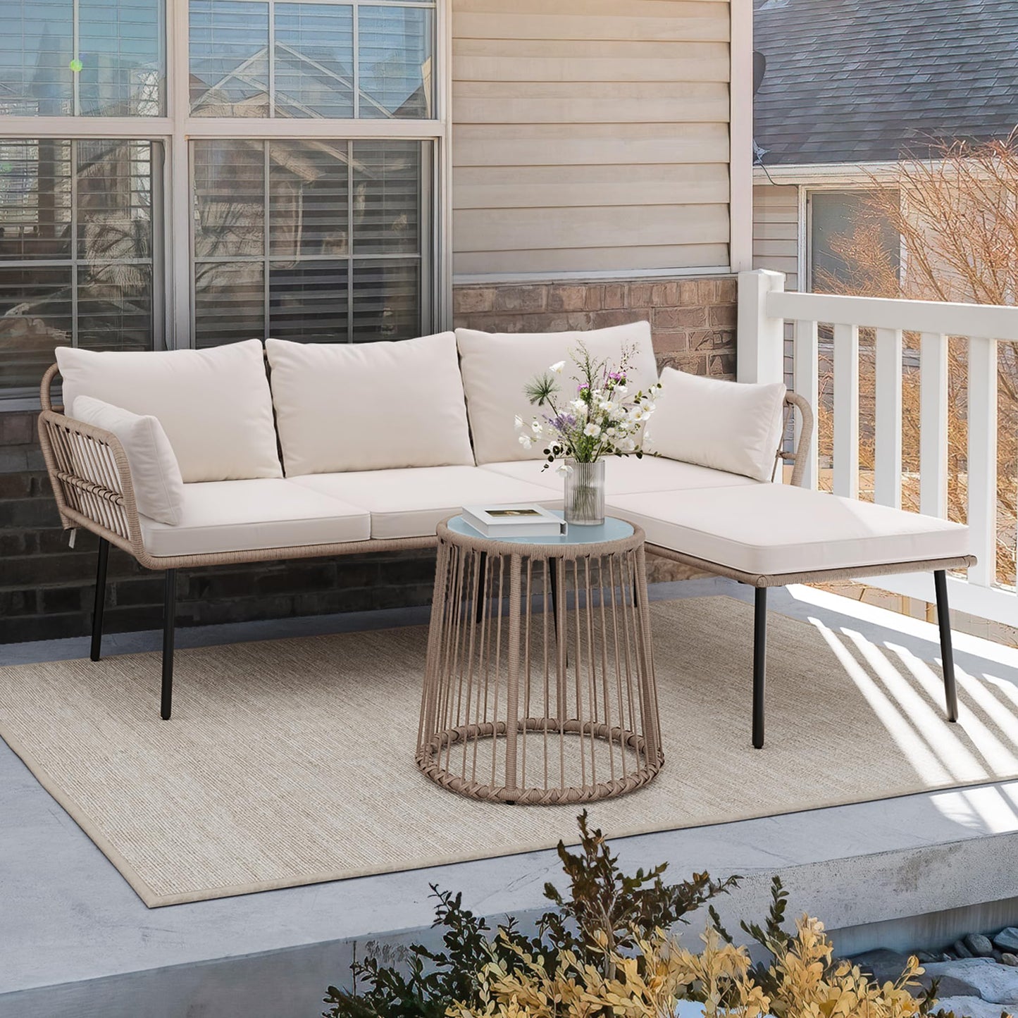 YITAHOME 3 Piece Patio Furniture Set Wicker Patio Sectional with Detachable Cushions and Coffee Table Outdoor Furniture Set L-Shaped Sectional Conversation Sofa Set for Backyard Porch Balcony - Beige