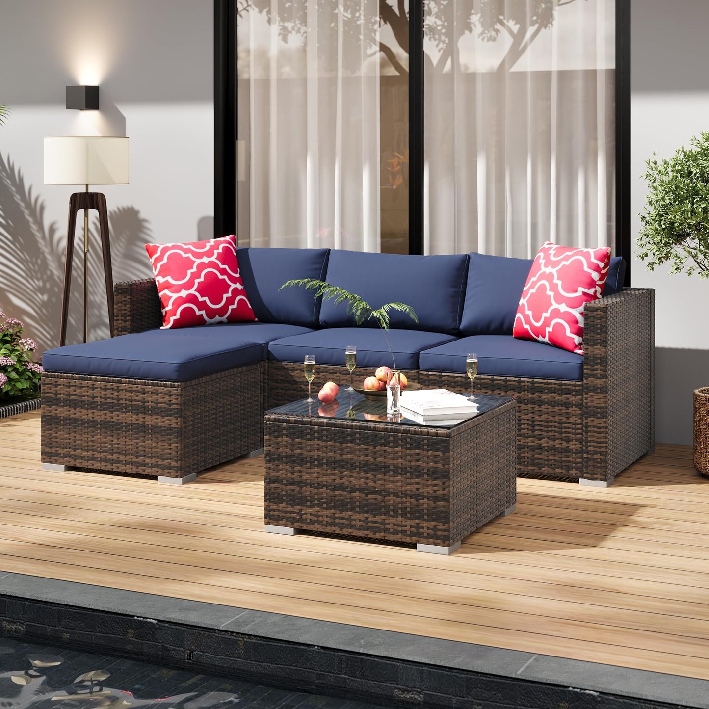 PeakPursuit Outdoor Patio Furniture Set, 5 Pieces Rattan Patio Conversation Sets with Glass Coffee Table and Cushion,All Weather Outdoor Patio Sofa for Garden, Poolside, Backyard,Blue