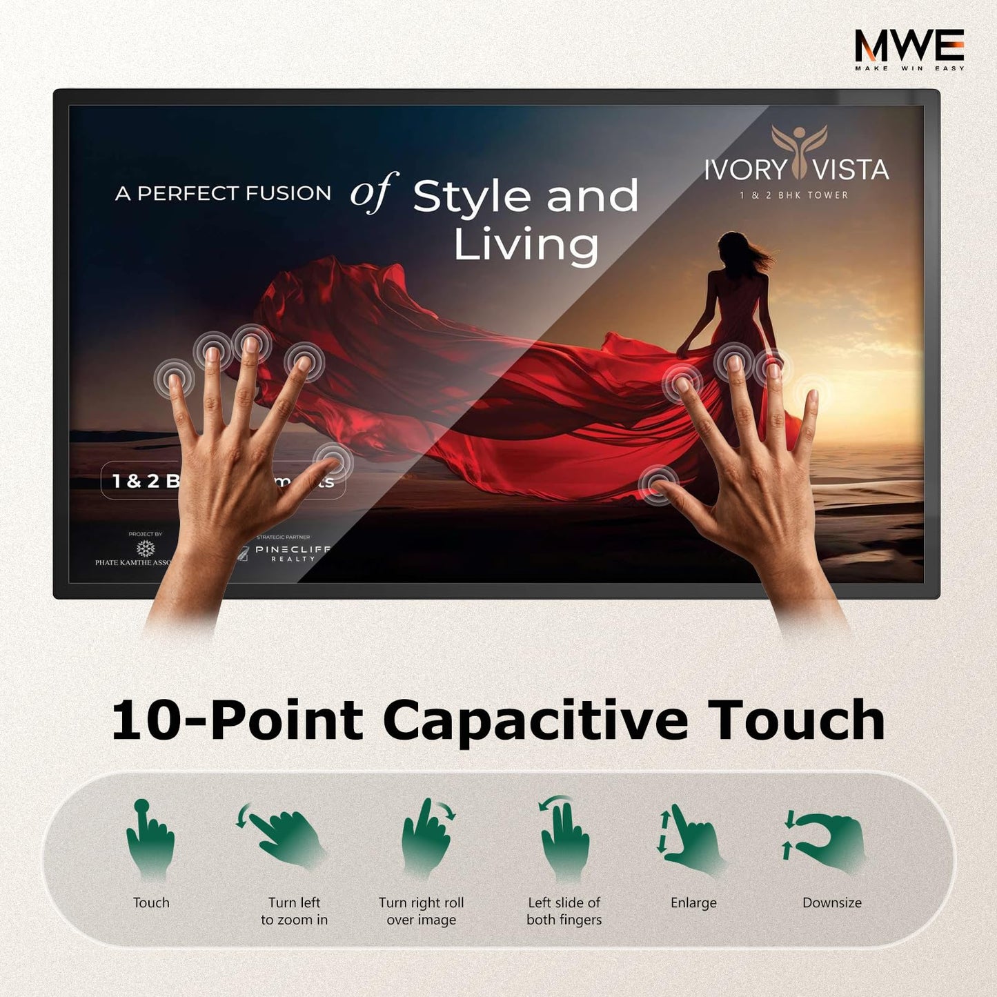 MWE 32 inch Wall Mount Digital Signage, FHD Touchscreen Monitor Android 14, Multi-Touch Screen Smart Split, Commercial Advertising Display, Time Switch, CMS Management, HD-MI/ USB/ WiFi/ for Windows