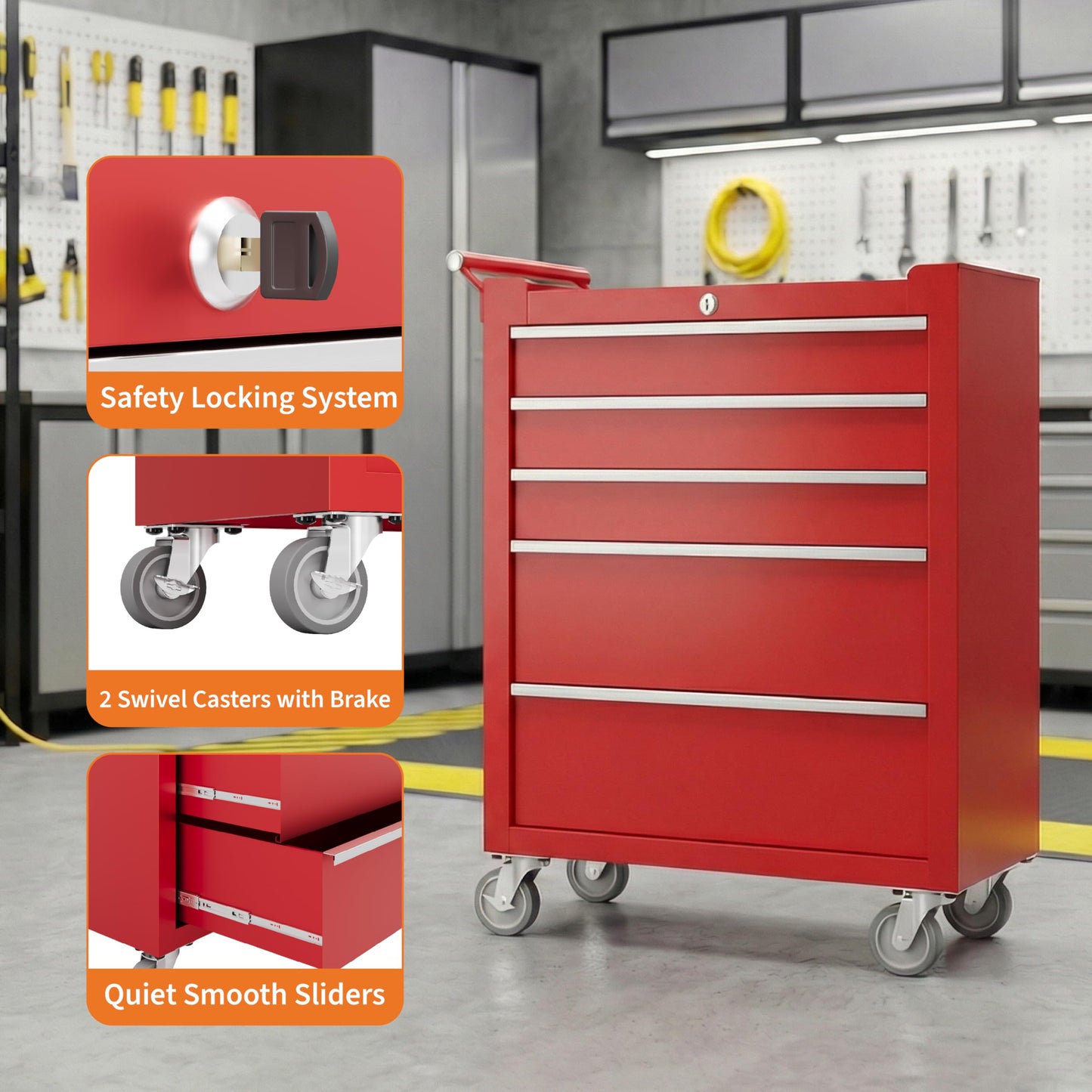 Rolling Tool Chest with Wheels, 5 Drawer Tool Storage Cabinet, Portable Toolbox Organizer with Lock, Heavy Duty Tool Chest Cart for Garage, Mechanic, Workshop, Shop, Mobile Tool Organizer, Red