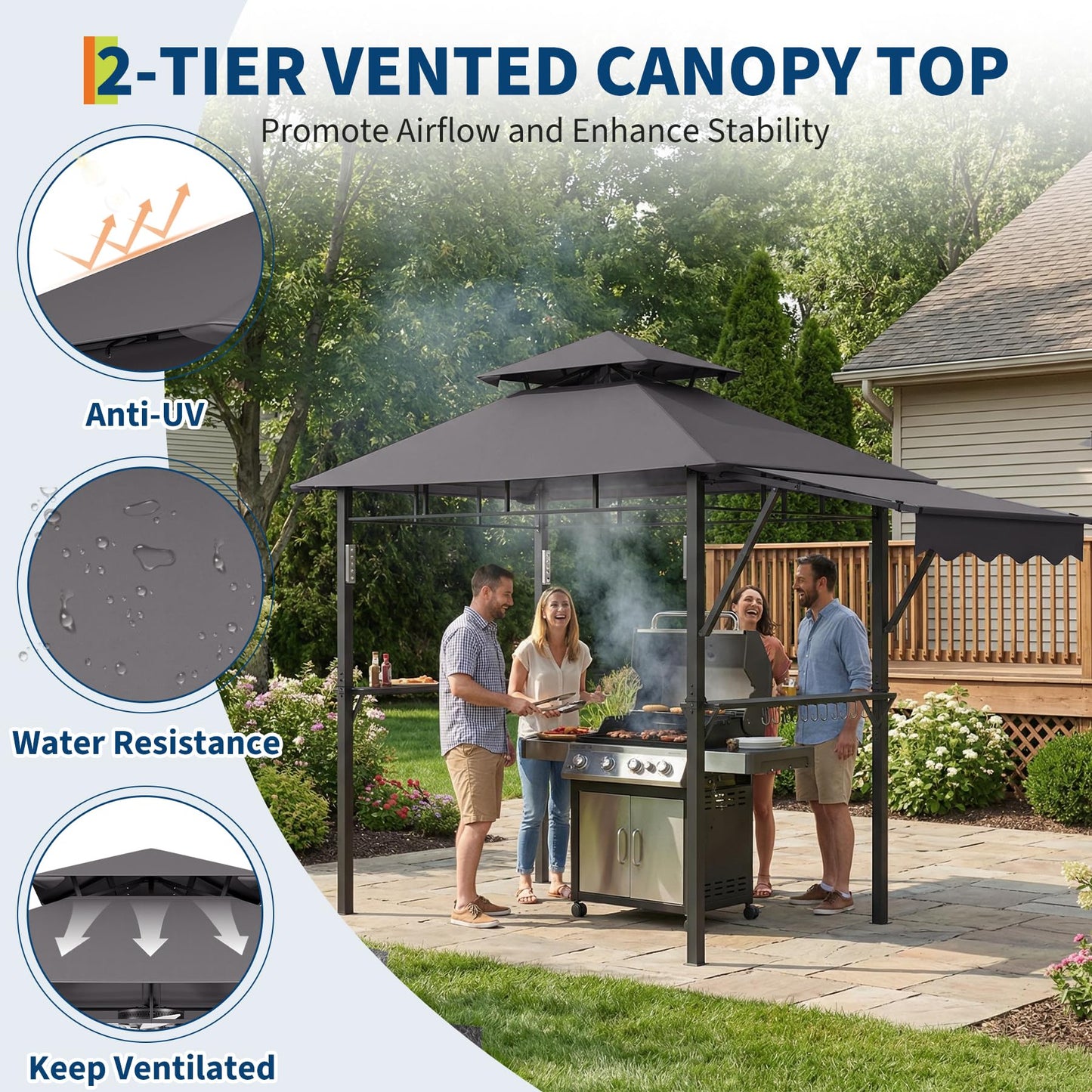 8x5 ft Grill Gazebo, Double Tired Outdoor Patio Canopy Tent with Side Awning Shelves, 4 LED Lights,10 Hooks & Bottle Opener,Heavy Duty Steel Frame Grilling Canopy for Patio Backyard Garden Picnic,Grey