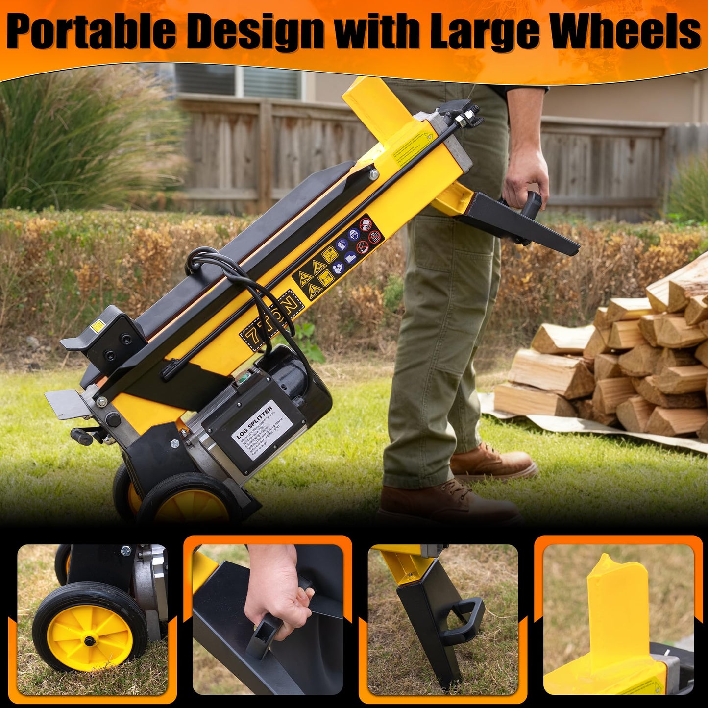 PPOLB 7 Ton Electric Wood Splitter, 15Amp Hydraulic Log Splitter, Portable Electric Log Splitter for Firewood, Compact Horizontal Wood Splitter for Backyard, Garage, Cabin - Yellow