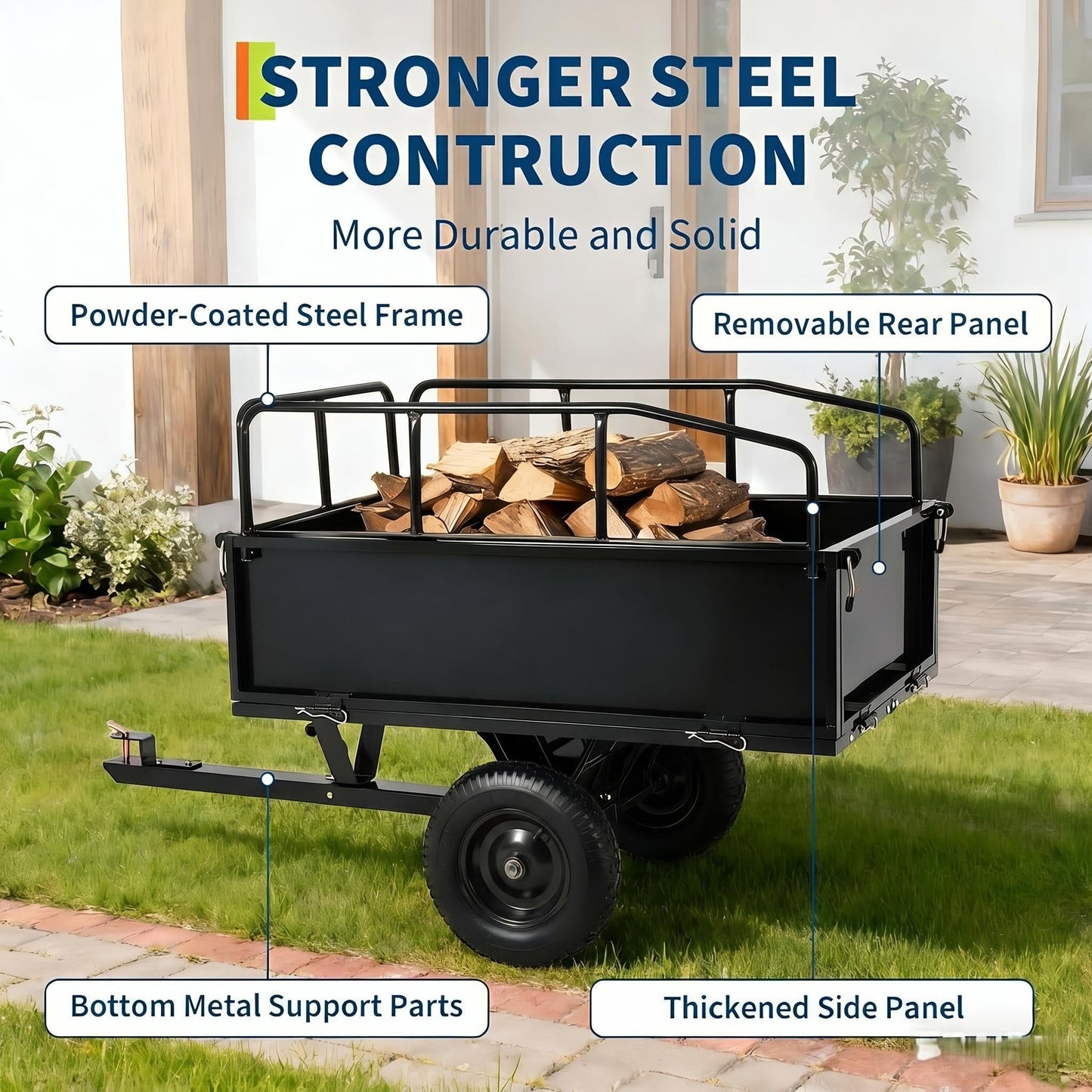 Heavy Duty ATV Trailer Steel Dump Cart, 750 lbs 17 Cubic Feet, Garden Utility Trailer Yard Trailers with Removable Sides for Riding Lawn Mower Tractor