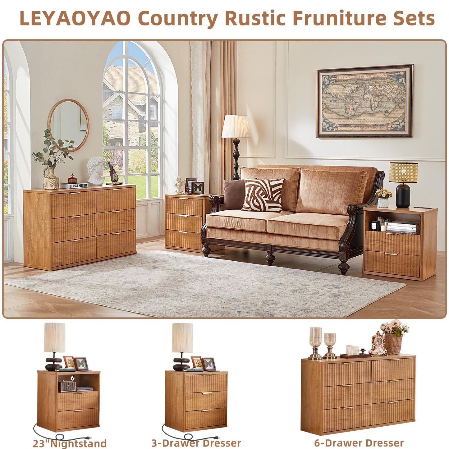 LEYAOYAO Fluted Farmhouse Nightstand Set of 2 with Charging Station, 23" Wide 2 Drawers End Table,Brown Dresser for Bedroom,Bed Side Table Chest of Drawers Cabinet,Wood Night Stand for Living Room