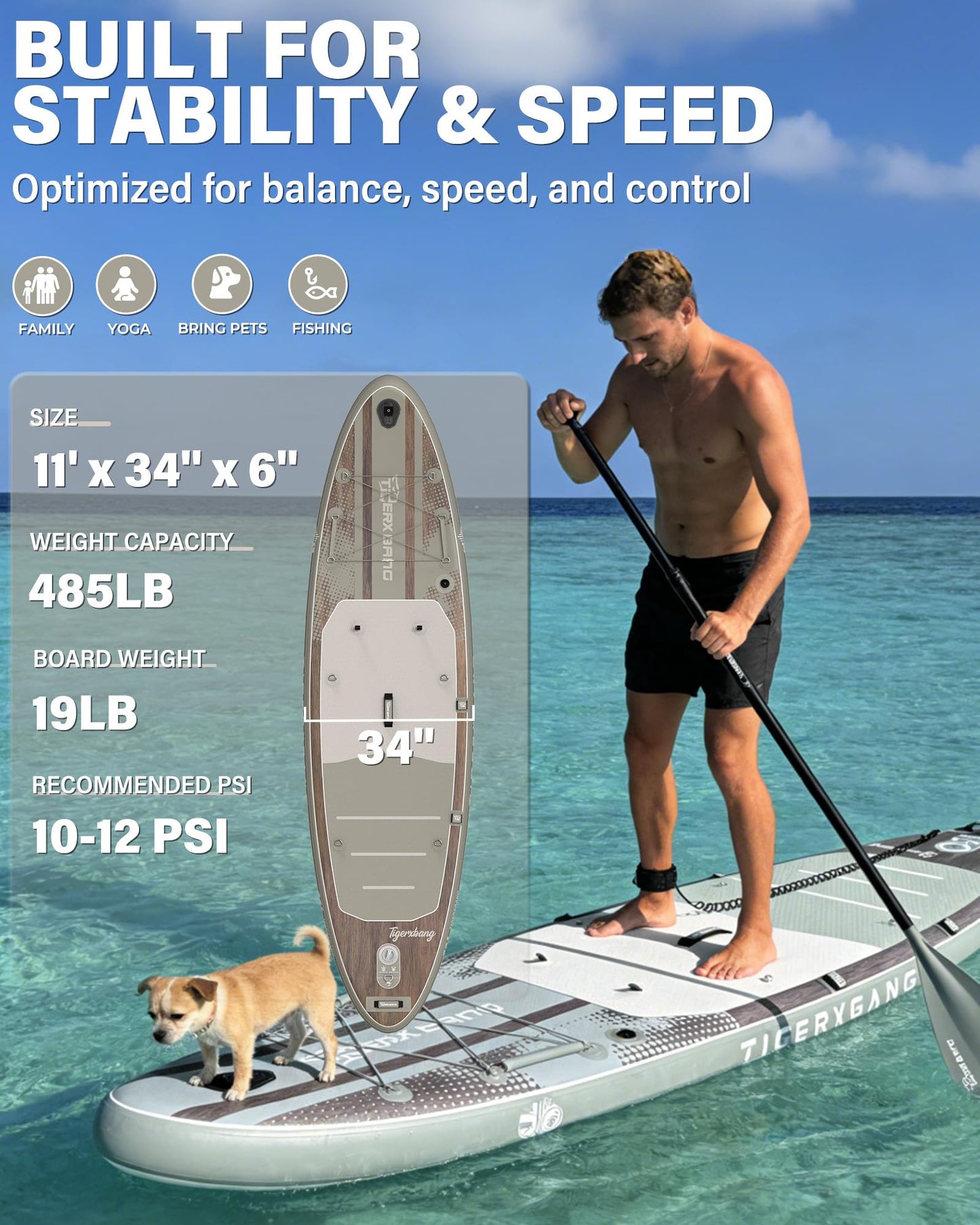 TIGERXBANG Inflatable Stand Up Paddle Board with SUP Board Accessories, Anti-Slip EVA Deck, 11' Paddleboard for Adults & Youth - All Skill Levels, Green