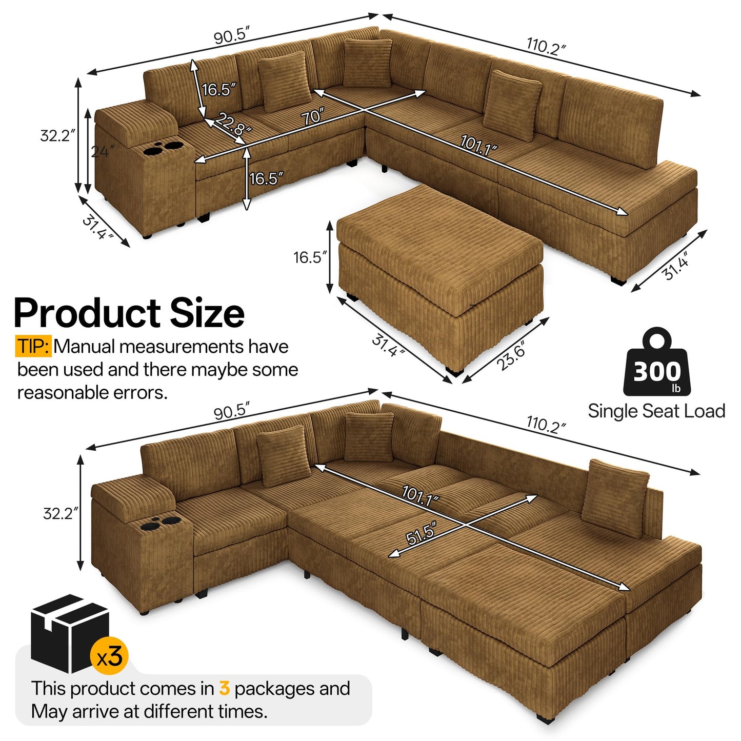 KEIKI 110" L-Shaped Oversized Plush Corduroy Modular Sectional Sofa with Pull-Out Bed, Convertible 6-Seater Sleeper Couch Bed with 1 Ottomans & USB & Cup Holders, Easy Assembly, for Living Room, Camel