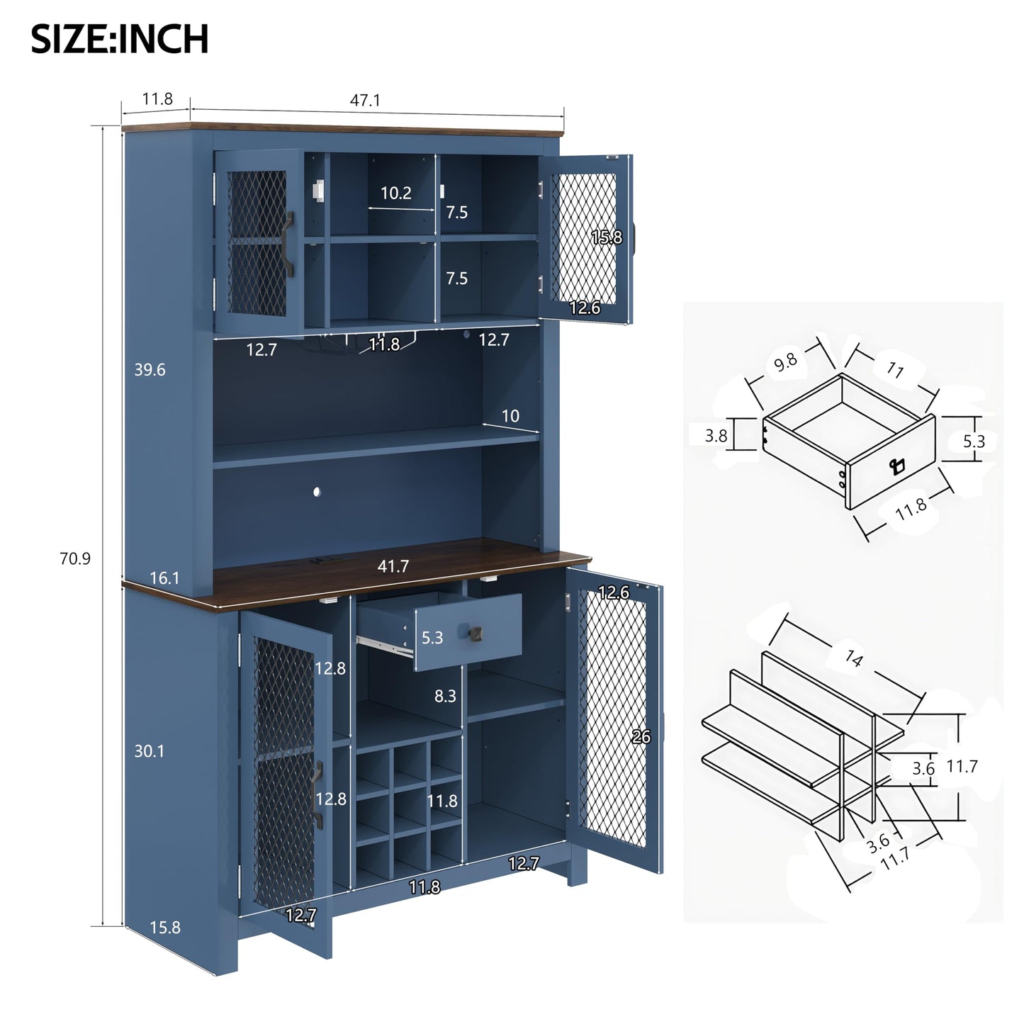 Merax 70.9" Tall Kitchen Pantry Storage Cabinet with Charging Station and LED Lights, Rustic Kitchen Hutch Food Pantries with Wine Rack, Drawer & Adjustable Shelves for Dining Room, Navy Blue