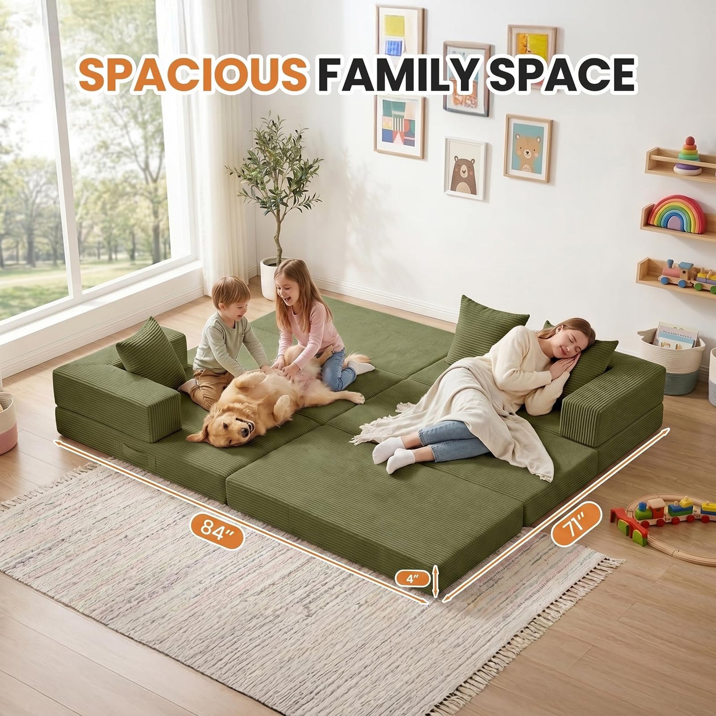 65" Modular Sectional Sofa, Boneless Convertible Sleeper Sofa Bed, Modern Tri-Folding Cloud Couch with L-Shape Chaise, Corduroy Futon Couches for Living Room Small Spaces Apartment,No Assembly,Green