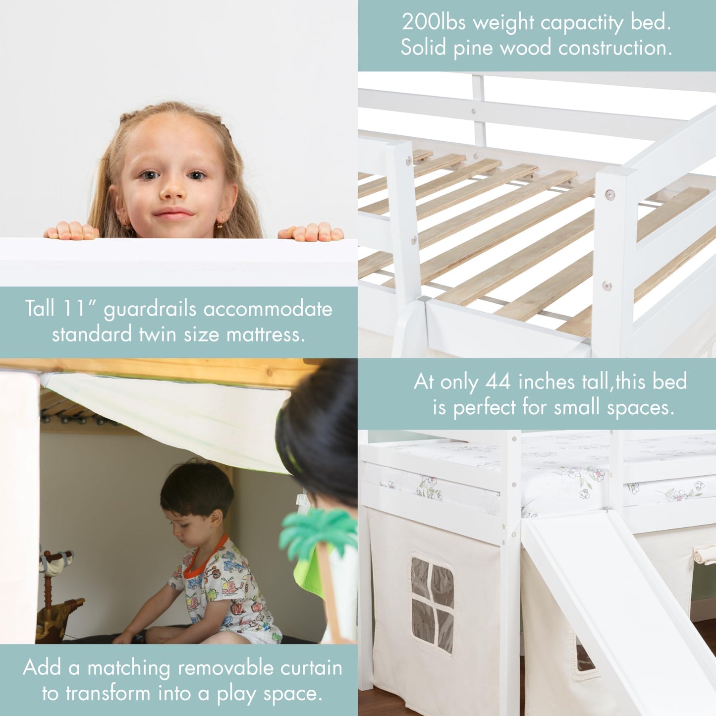 Spirich Kids Loft Bed with Slide and Ladder, Solid Wood Twin Loft Bed Frames with Curtains, Low Loft Bed with Bed Tent, No Box Spring Needed, White