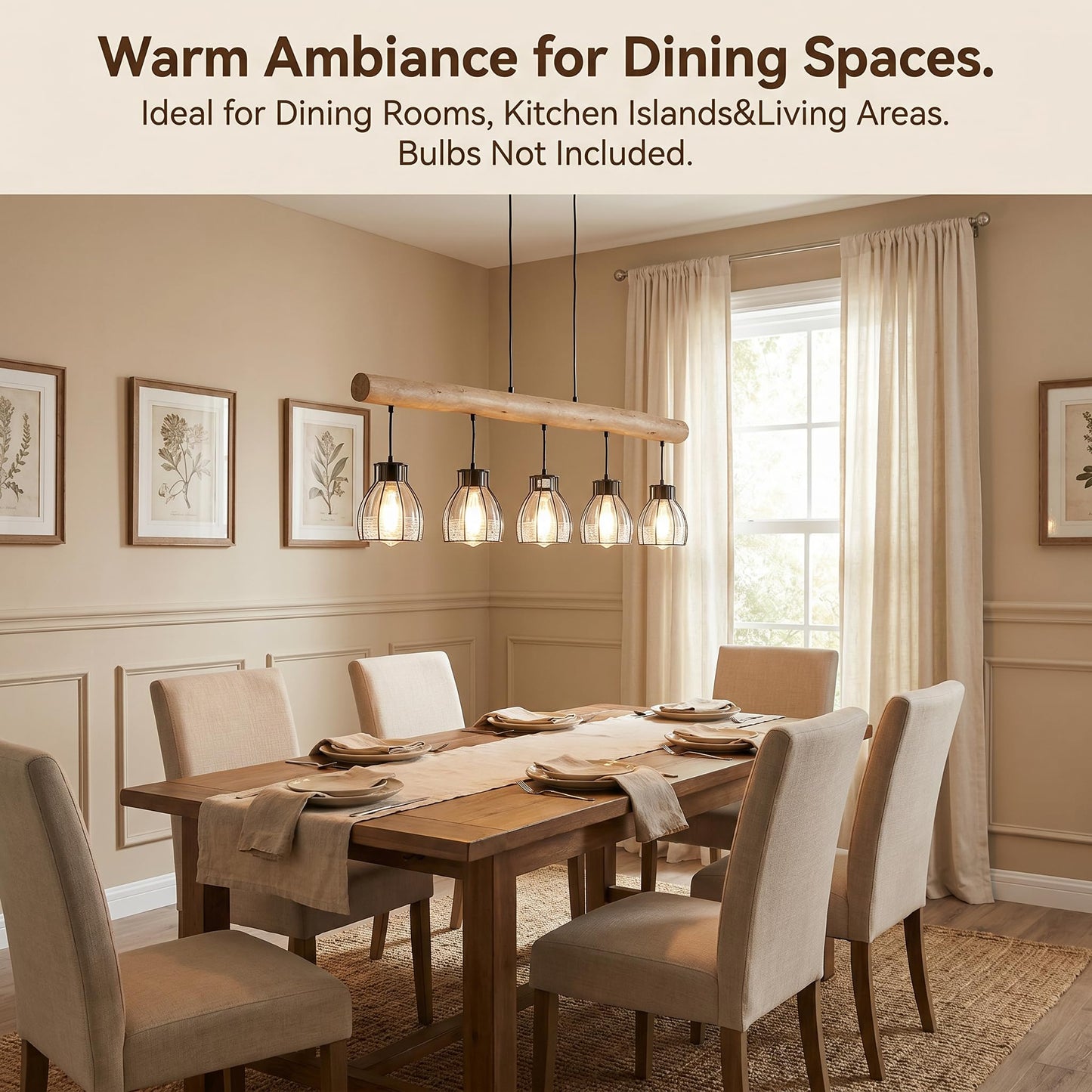 5-Light Farmhouse Kitchen Island Lighting with Glass Lampshade, Dining Room Light Fixtures Over Table, Wood Vintage Ceiling Chandelier for Living Room, Black