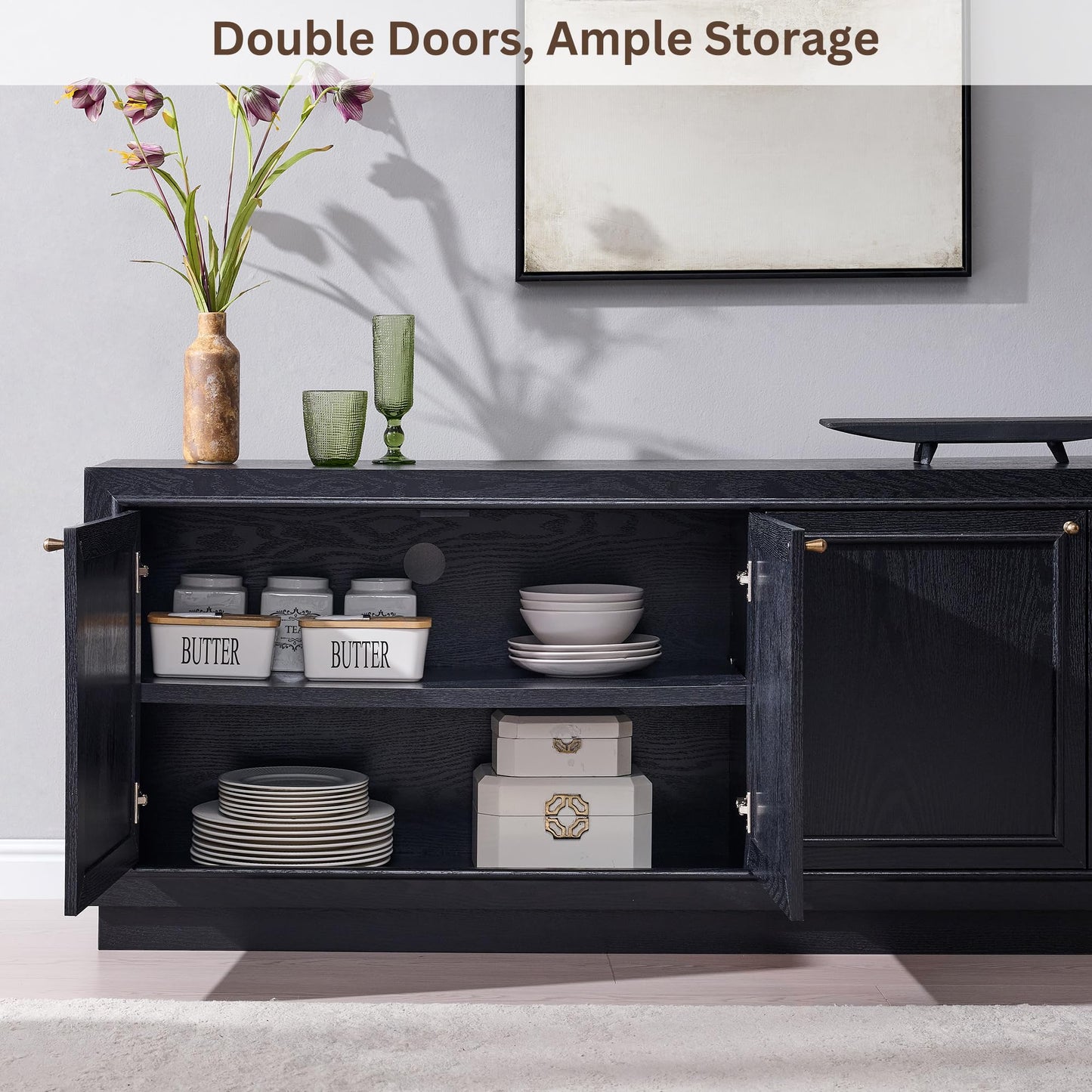 ACCOHOHO Farmhouse TV Stand, 68" Entertainment Center with 2 Base, Media Console Table for Living Room, TV Console with Storage Cabinets, for TV up to 75 Inches,Charcoal Black