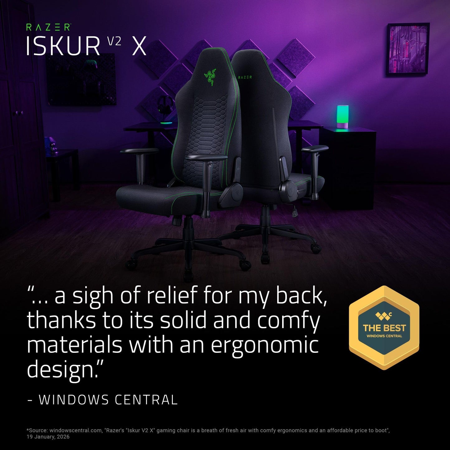 Razer Iskur V2 X Ergonomic Gaming Chair: Built-in Lumbar Support - Widened Seat Base - High Density Foam Cushions - Adjustable 152 Degree Recline - 2D Armrests - Plush Fabric Finish - Black