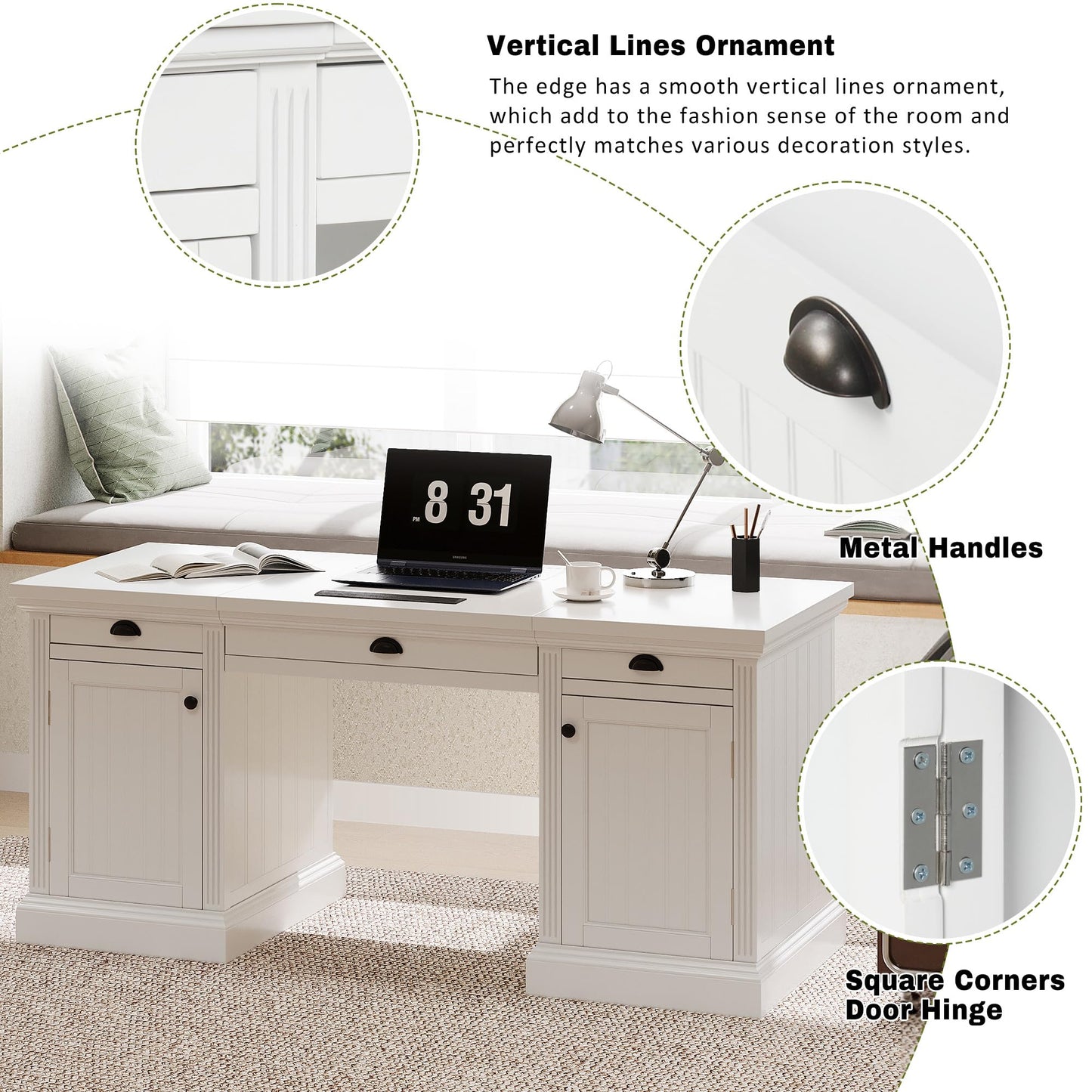 GDFStudio 67" Modern Executive Desk with Storage, White Computer Desk with 2 Doors Cabinet and 3 Drawers, Home Office Writing Desk with USB Ports and Power Outlets, Large Workstation for Study,Office