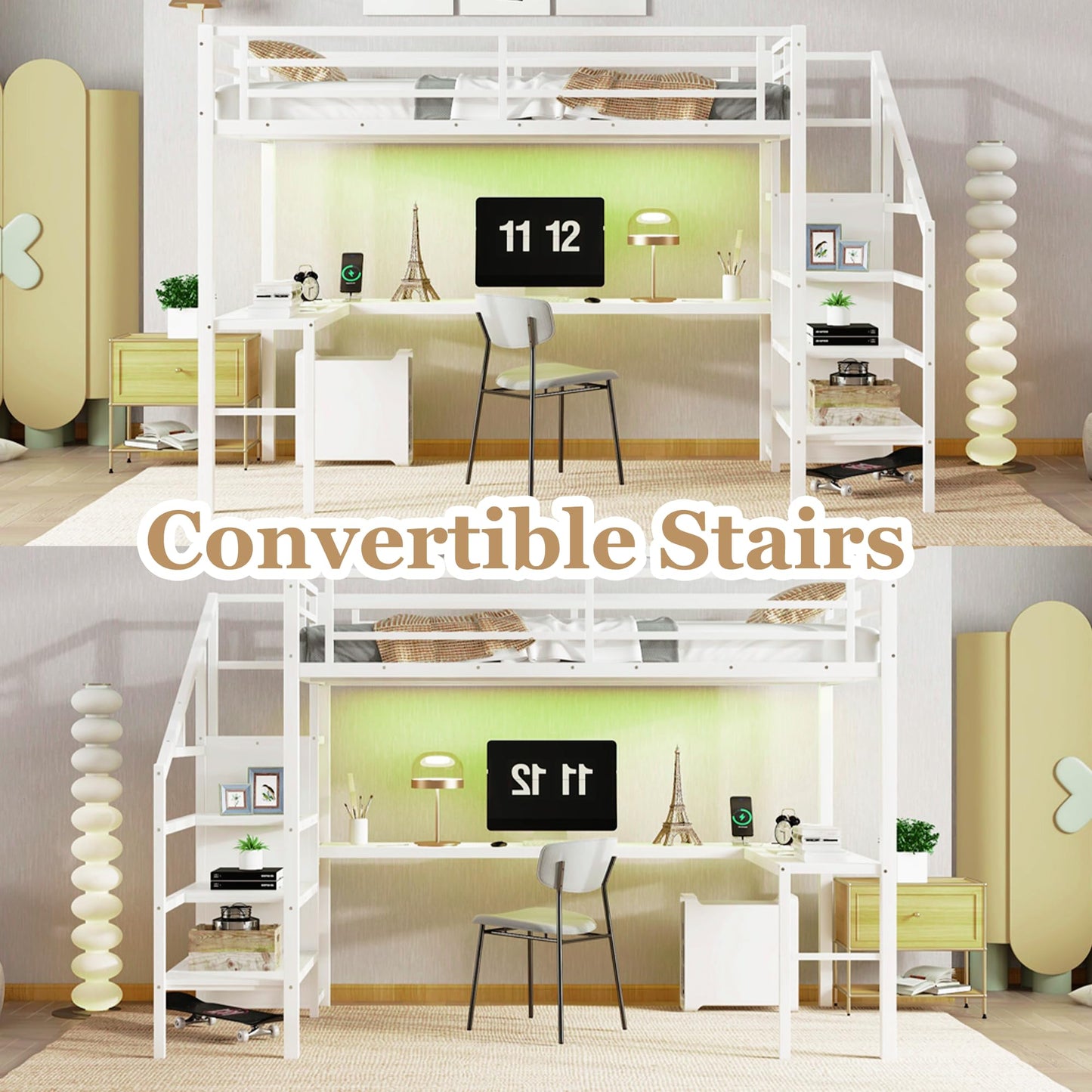 Bellemave Full Size Metal Loft Bed with L Shaped Desk and Wardrobe, Heavy Duty Loft Bed Frame with Storage Stairs, LED Loft Bed Frame with Charging Station & Safety Guardrails, White
