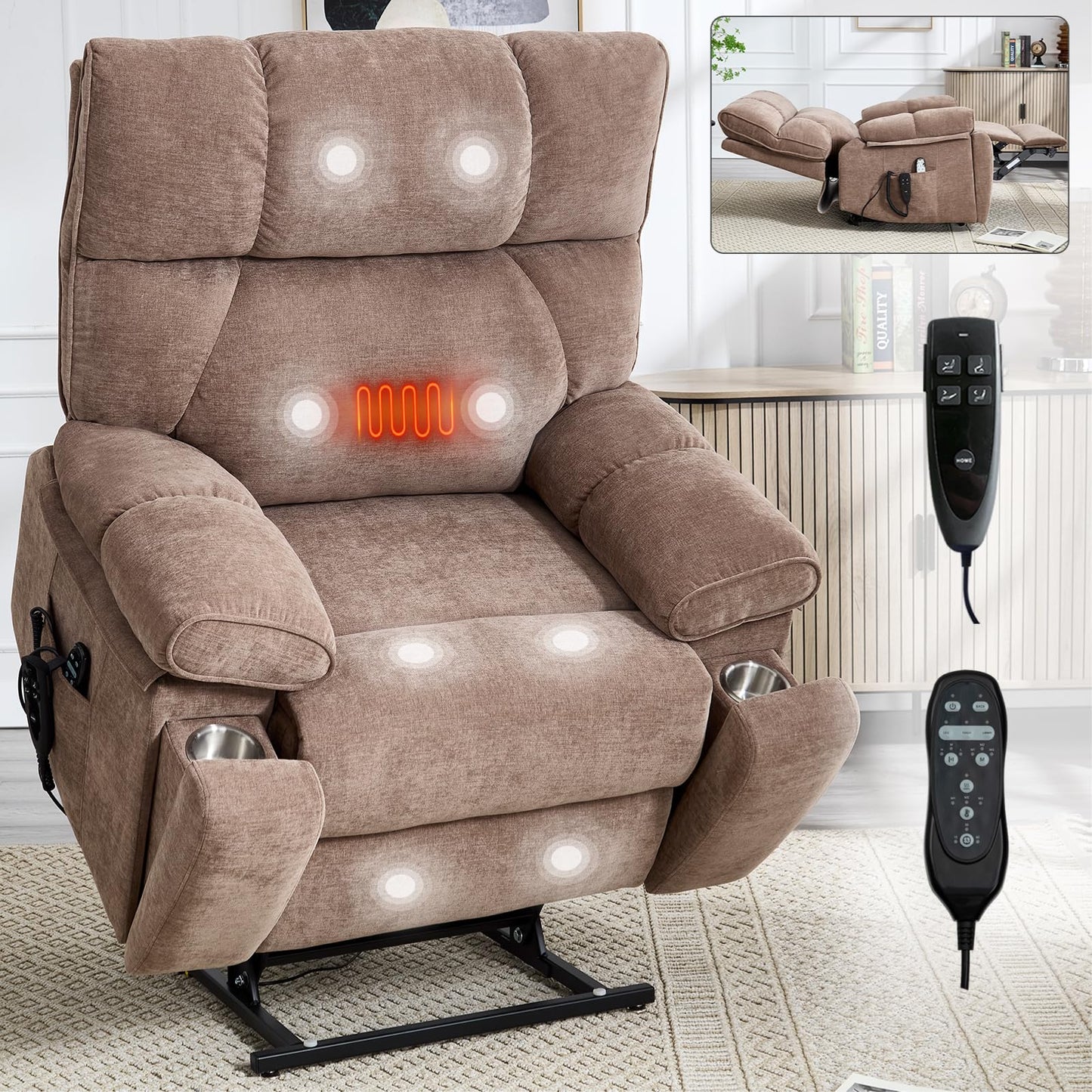 KEIKI Chenille Electric Power Lift Recliner Chair with Heat Massage, Hidden Cup Holders & Timer Function, Elderly Lazy Boy Sofa Seating for Home Theater, Infinite Position, Dual Motor, Up to 350 LBS