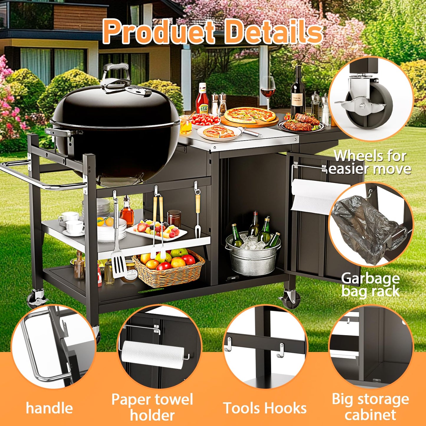 Utheer Grill Table Cart for Weber Kettle 22" Charcoal Grill, Big Green Egg, AKORN Jr – Oversized 47.7"x32.2" Surface (30% Larger) with 3-Level Adjustable Shelf, Storage Cabinet, Hooks & Towel Holder