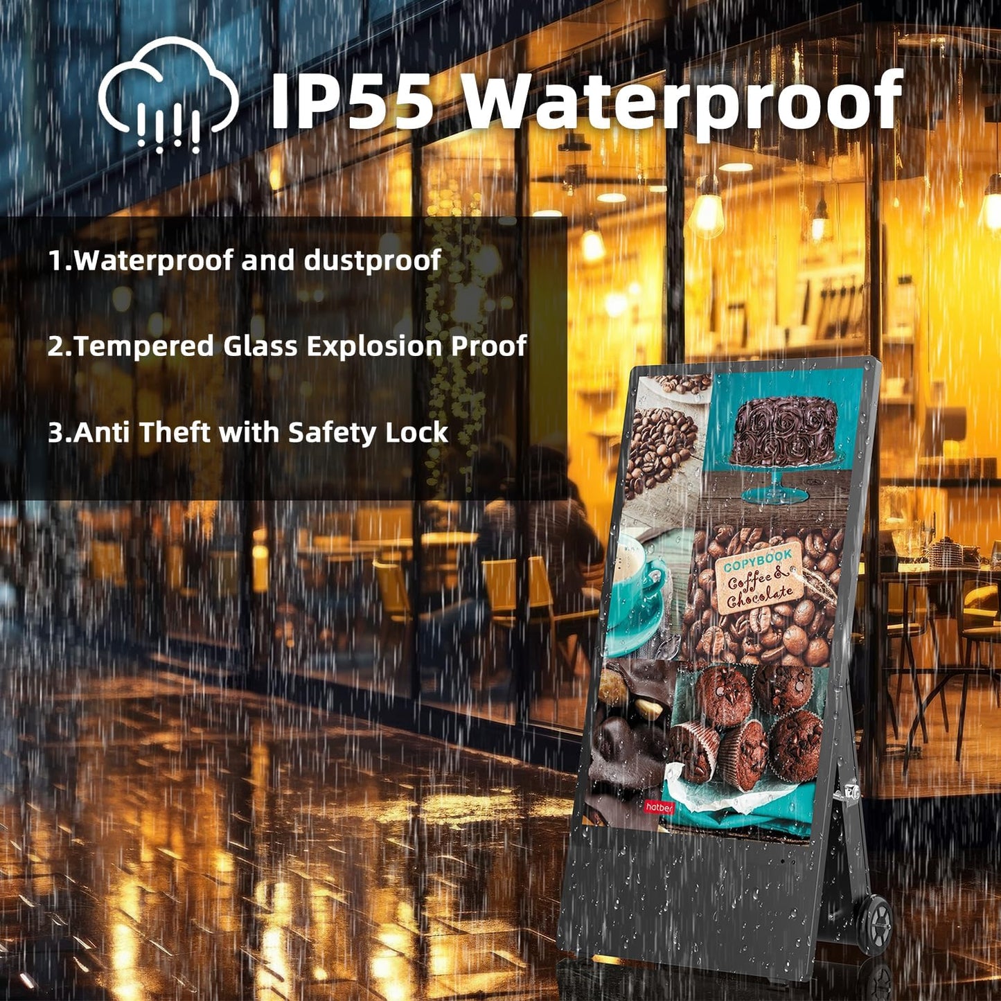 YIXZSWD 43 Inch Outdoor Digital Signage A-Frame Displays, Rechargeable Digital LCD Kiosks, Moveable Commercial Totem, IP65 Waterproof, Auto Adjustment 2000nits High Brightness Screen, High Capacity Battery for Restaurant/Bar/Food Truck/Store