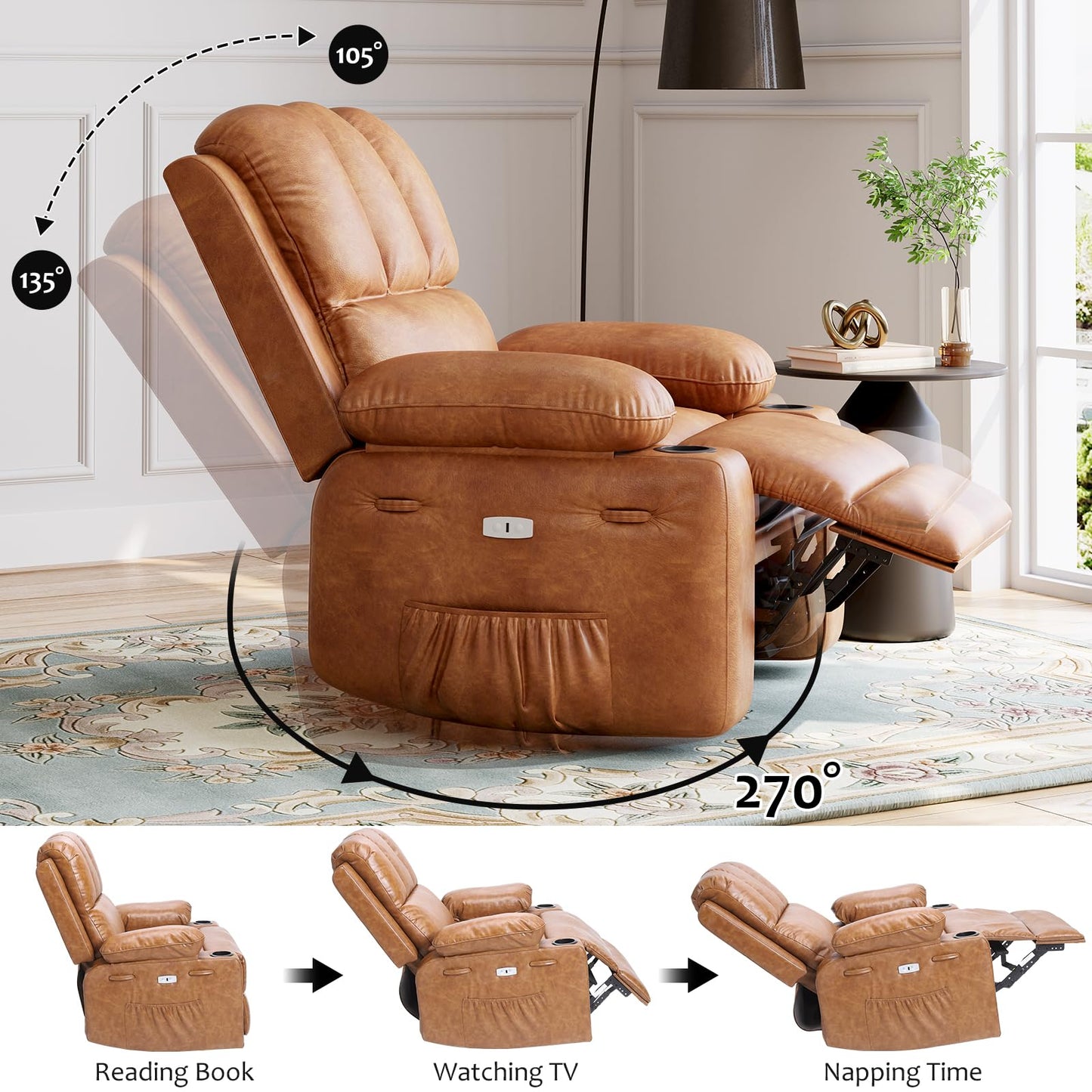 IDEALHOUSE Power Recliner Chair with Massage and Heat, Leather Fabric Reclining Sofa Chair, 360° Swivel Recliner Chairs with Cup Holder for Living Room, Bedroom, Nursery, Retro Brown