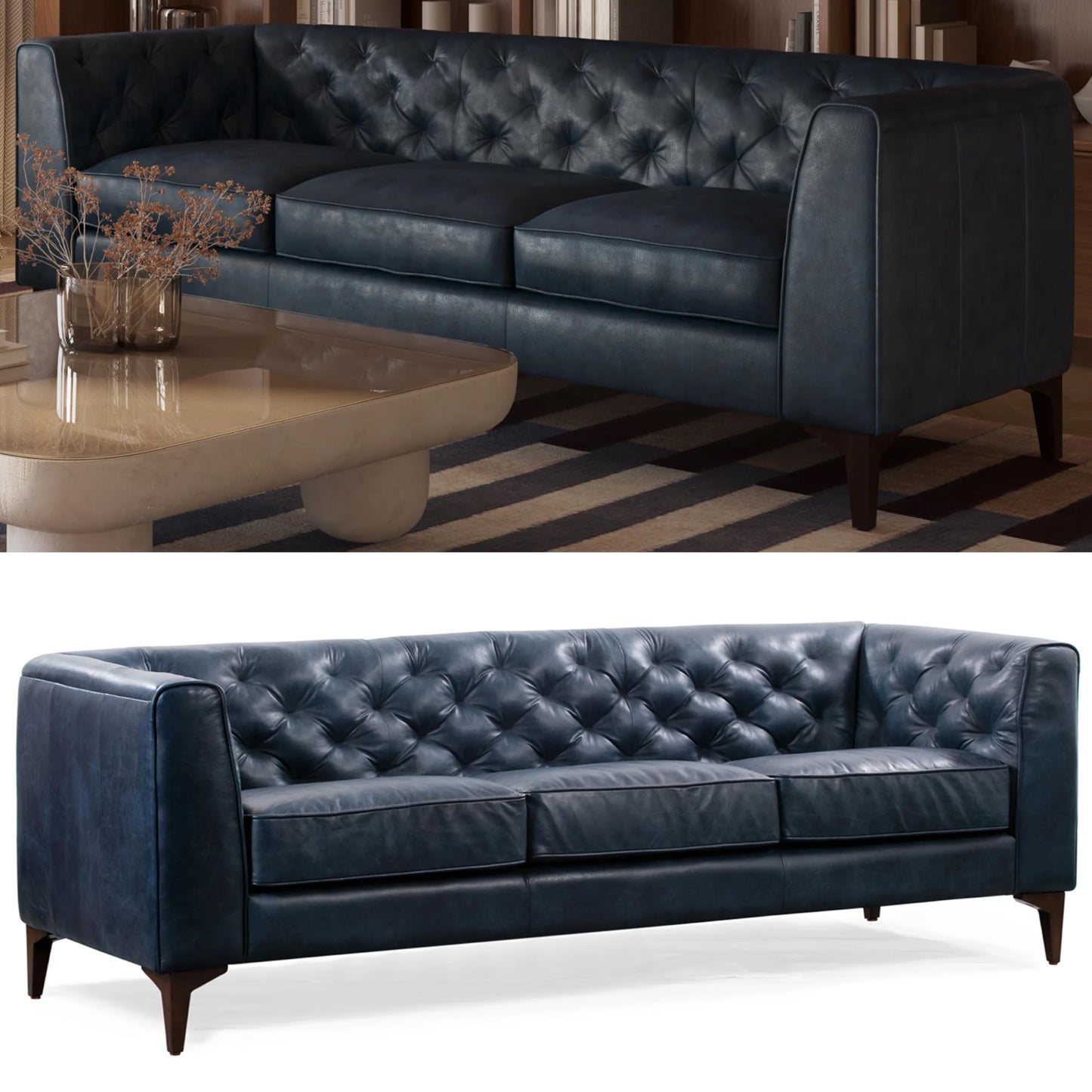 POLY & BARK Essex 89” Full-Grain Italian Leather Sofa – Tufted Back, Feather-Down Comfort, Solid Wood Frame, Midnight Blue