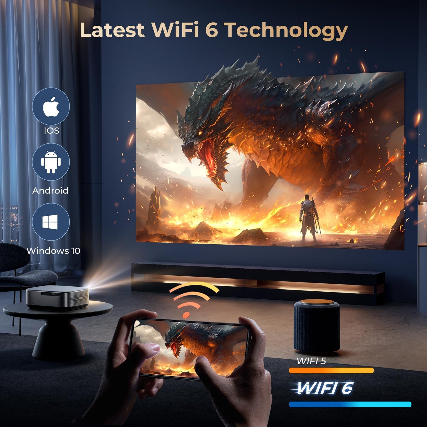 [2500 ANS ＆ 50W] Alvar Outdoor Projector 4K Support with WiFi 6 and Bluetooth, dbx-tv Sound, Built in NetfIix App & DoIby Audio Proyector, Auto Focus & Keystone Smart for Soccer Match