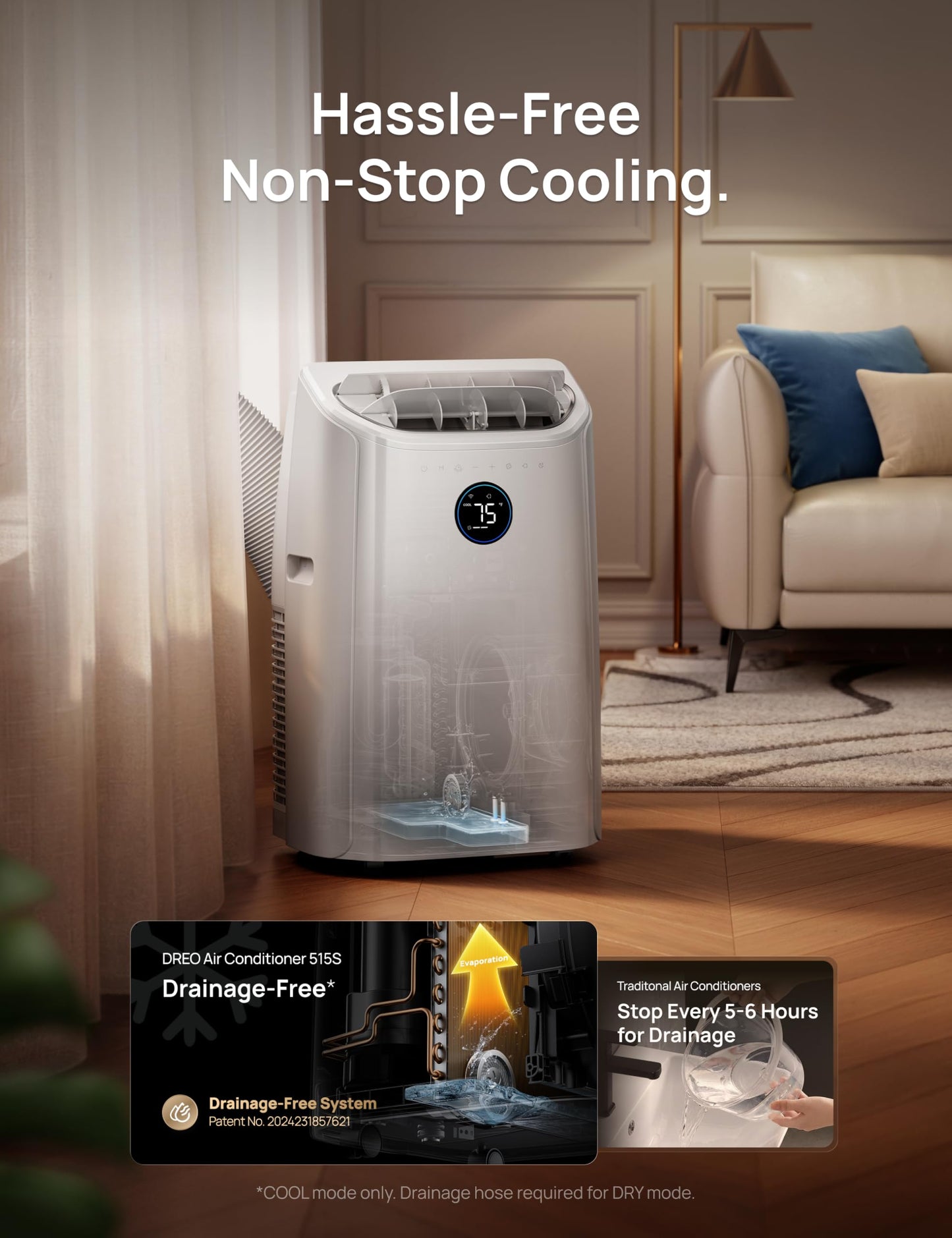 DREO Portable Air Conditioner 515S, 12000 BTU ASHRAE (8000 BTU DOE) Smart AC Unit for Bedroom with Drainage-free Cooling, Fan&Dehumidifier 3 in 1, APP/Voice/Remote, Quiet Standing AC for Room Indoors