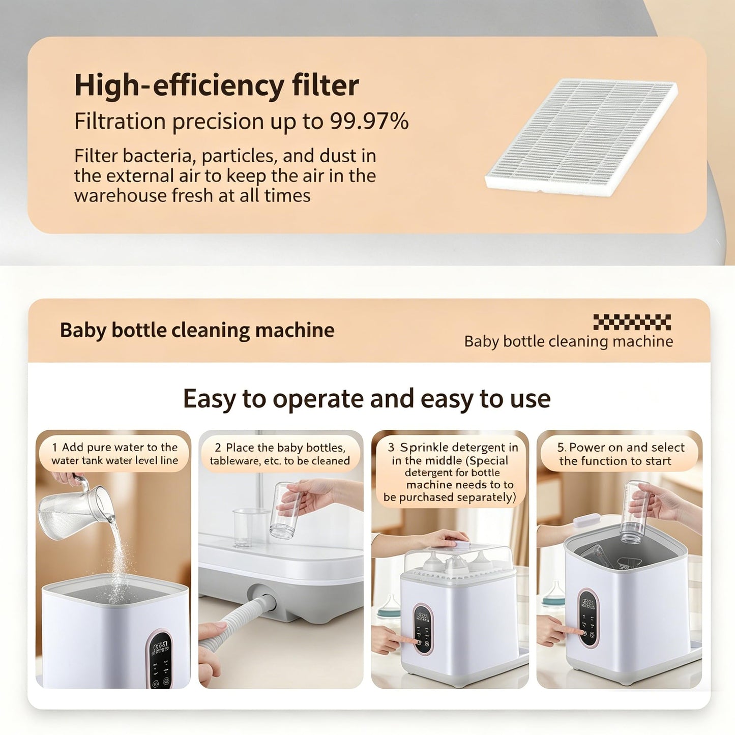 Auto Baby Bottle Washer and Dryer, Large Capacity Fits Bottles & Pump Parts, High-Temp Steam Cleaning for Newborn Essentials, Fast Wash Cycles, Time-Saving Solution for Busy Parents