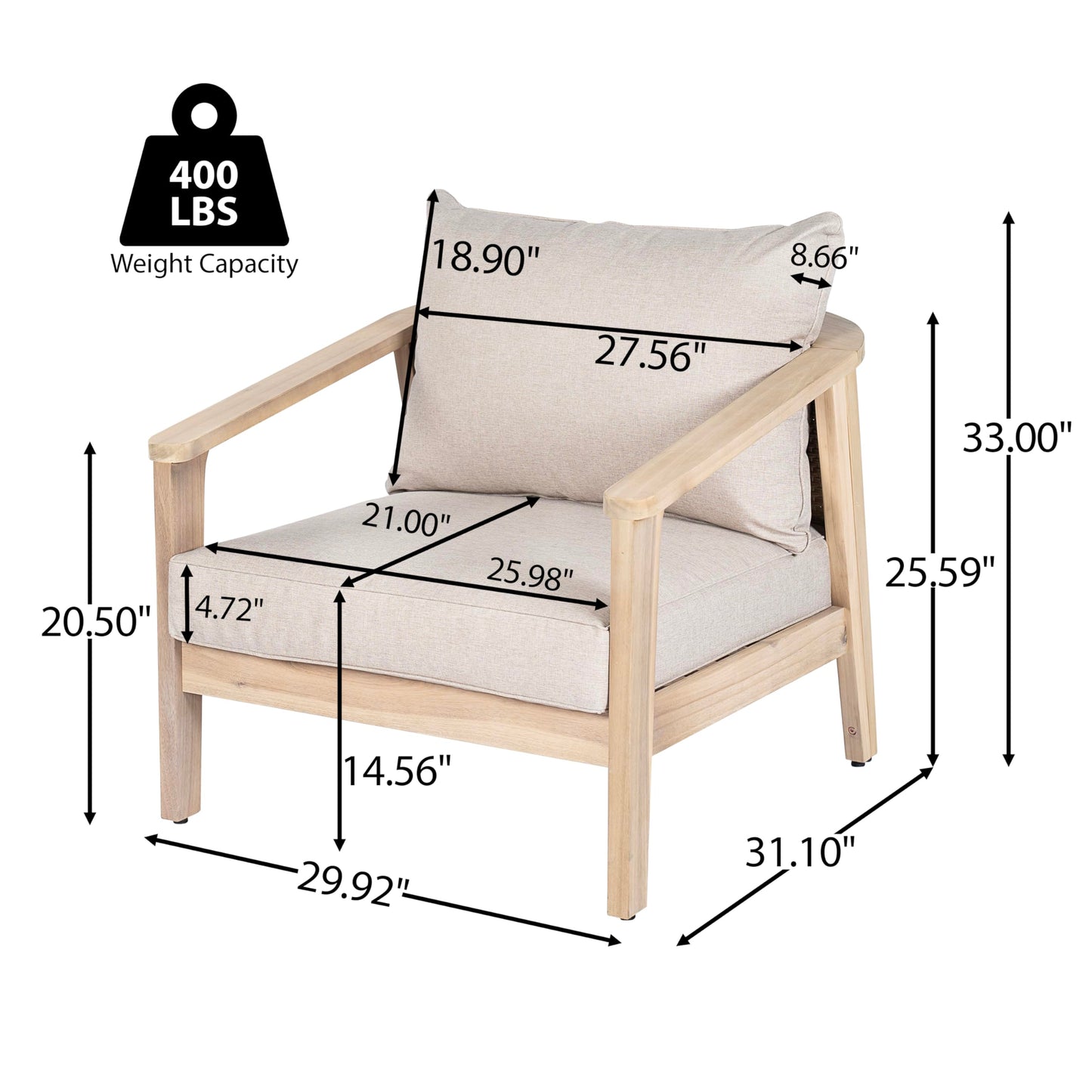GDFStudio Mayeo 4-Piece Acacia Wood Patio Furniture Set, Outdoor Conversation Sofa Set with Club Chair and Coffee Table, Patio Sectional Chat Set for Backyard Balcony, Light White+Beige