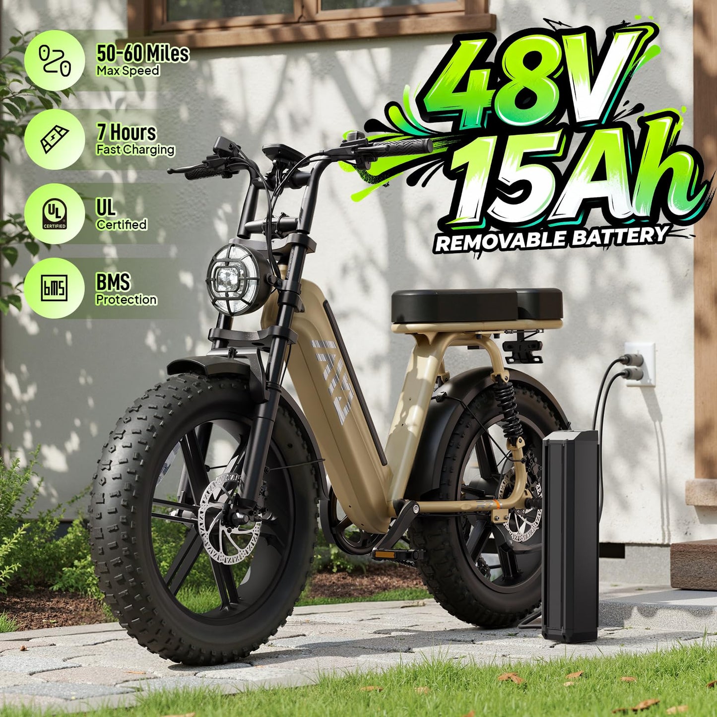 TST Electric Bike for Adults 1500W Peak 20" Fat Tire All-Terrain E-Bike 60 Miles Electric Dirt Bike for Road Sand Mountain Snow - 48V 15AH Battery Safety Tested to UL 2849 Powered
