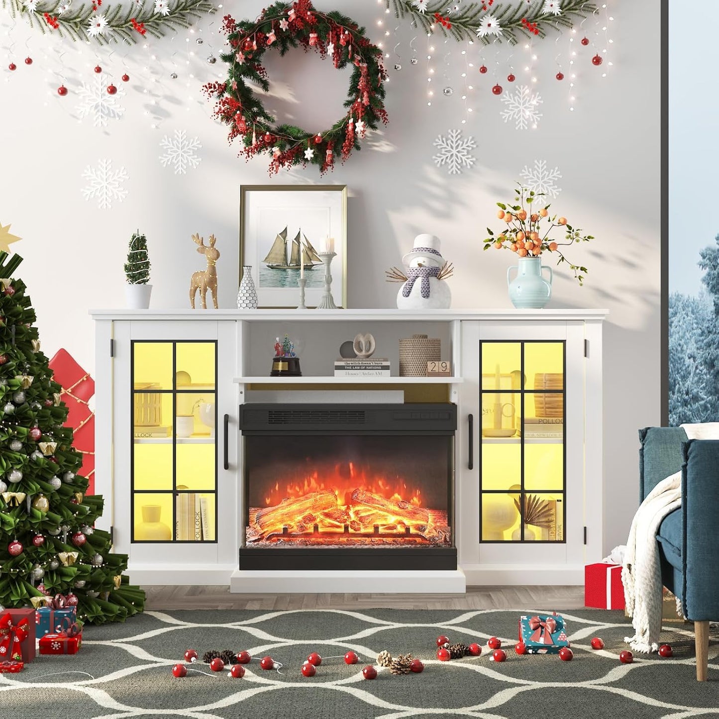 40" 3 Sided Glass Electric Fireplace & 75" TV Stand, 12 Colors LED Lights Flame, 750W/1500W, Tv Stand with Fireplace