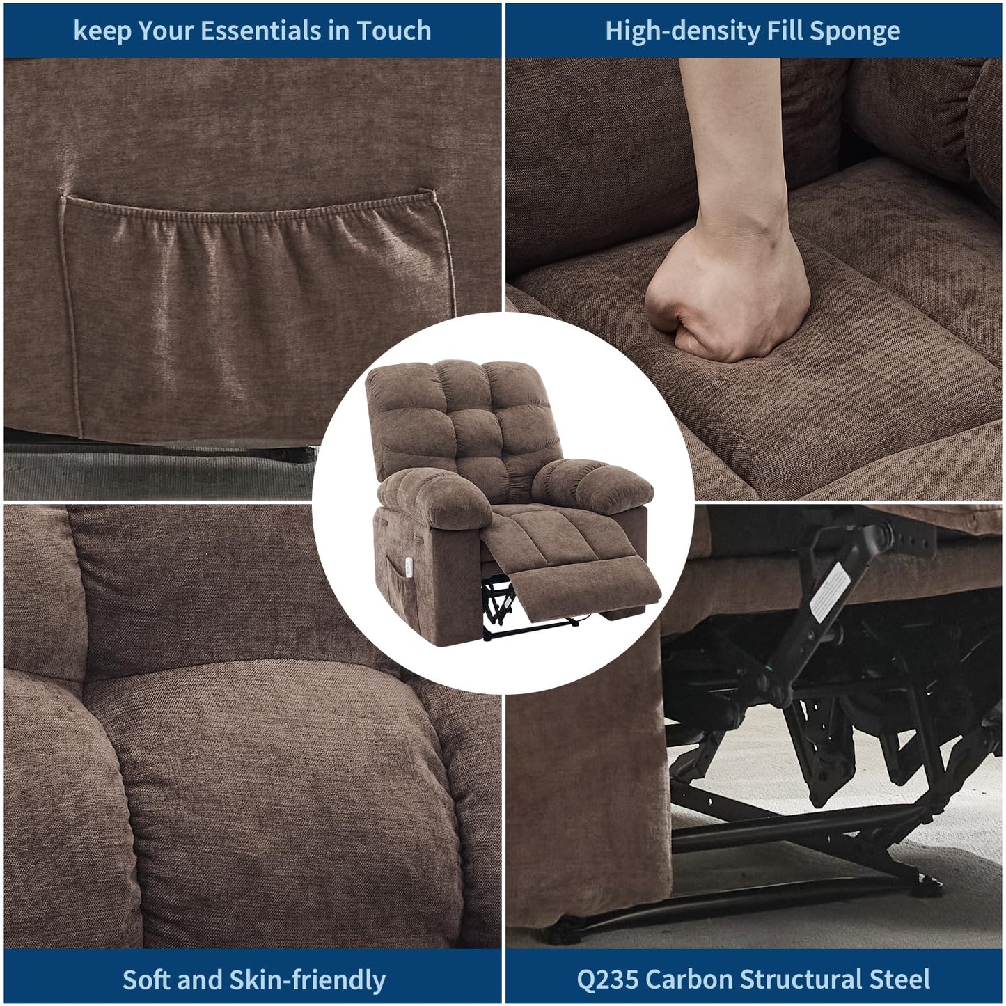 Light Brown Ergonomic Recliner Chair - Overstuffed Rocking Recliner with Massage & Heat, Wide High-Back Linen Reclining Chair, Manual Adjustable with Remote & Dual Side Pockets for Living Room Bedroom