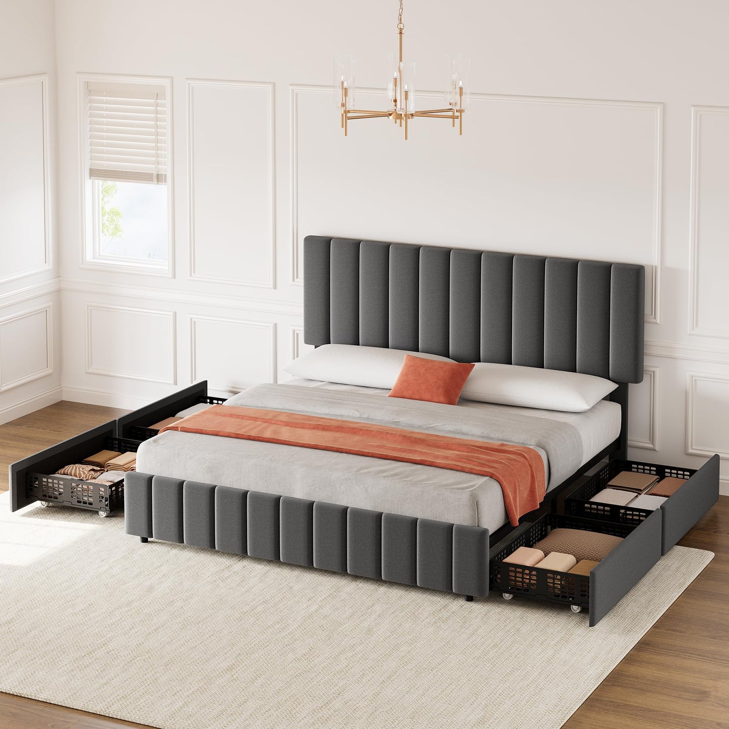 Garvee King Size Bed Frame, Linen Upholstered Platform Bed Frame with 4 Storage Drawers, Adjustable Height Headboard, No Box Spring Needed, Easy Assembly, Grey