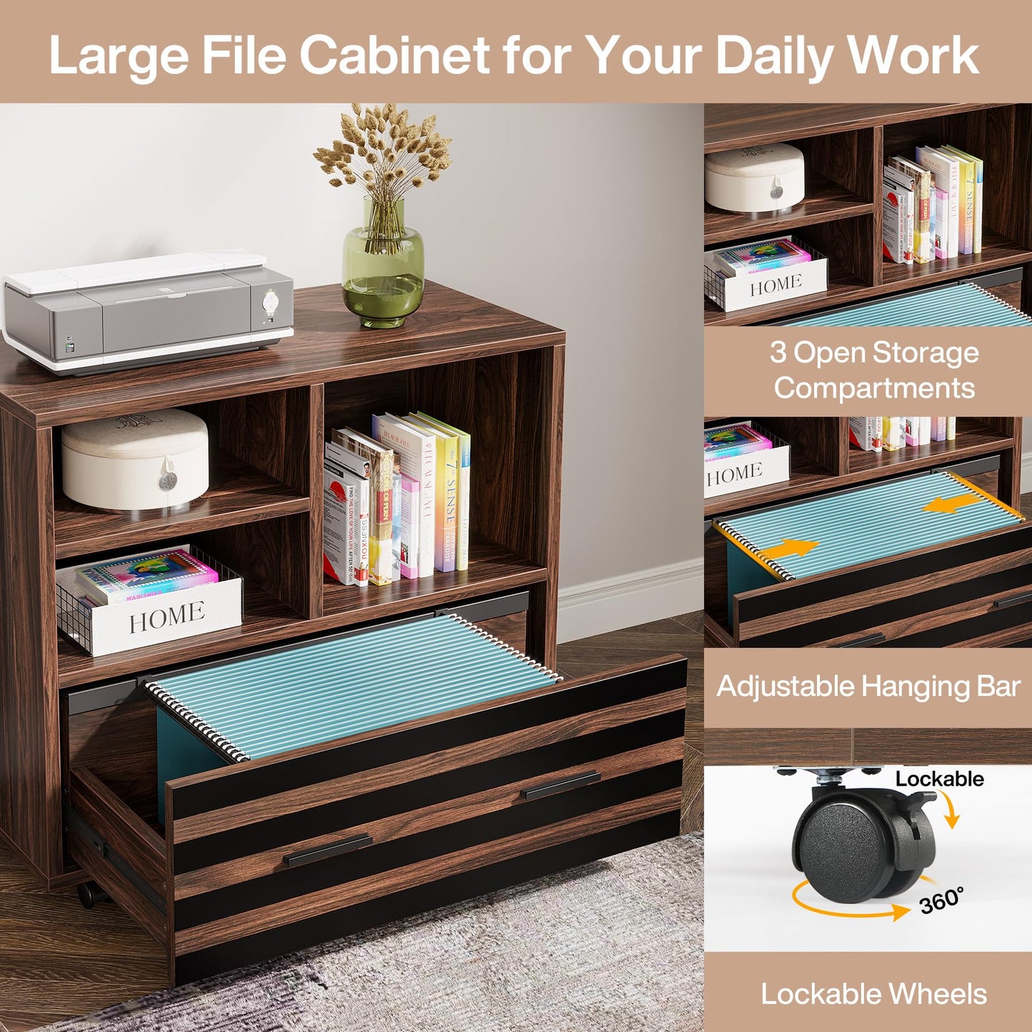 Tribesigns 62.2" Executive Desk with Mobile File Cabinet, L-Shaped Office Desk with Storage Shelves, Large Computer Table Business Workstation Set for Home Office, Dark Brown
