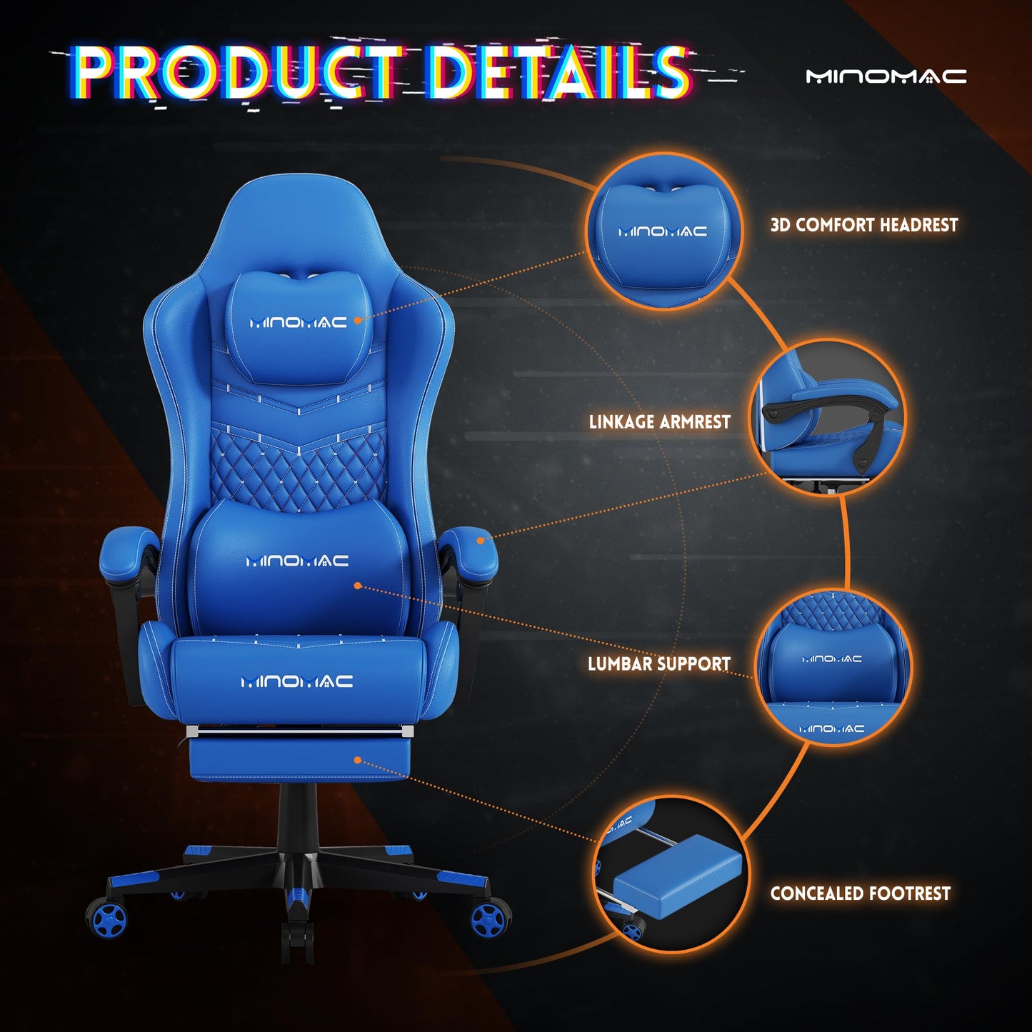 MINOMAC Gaming Chair, 400 lbs Adult Chair, High Back Computer Chair with Footrest and Linked Armrests, Office Video Game Chair with Lumbar Support (Blue)