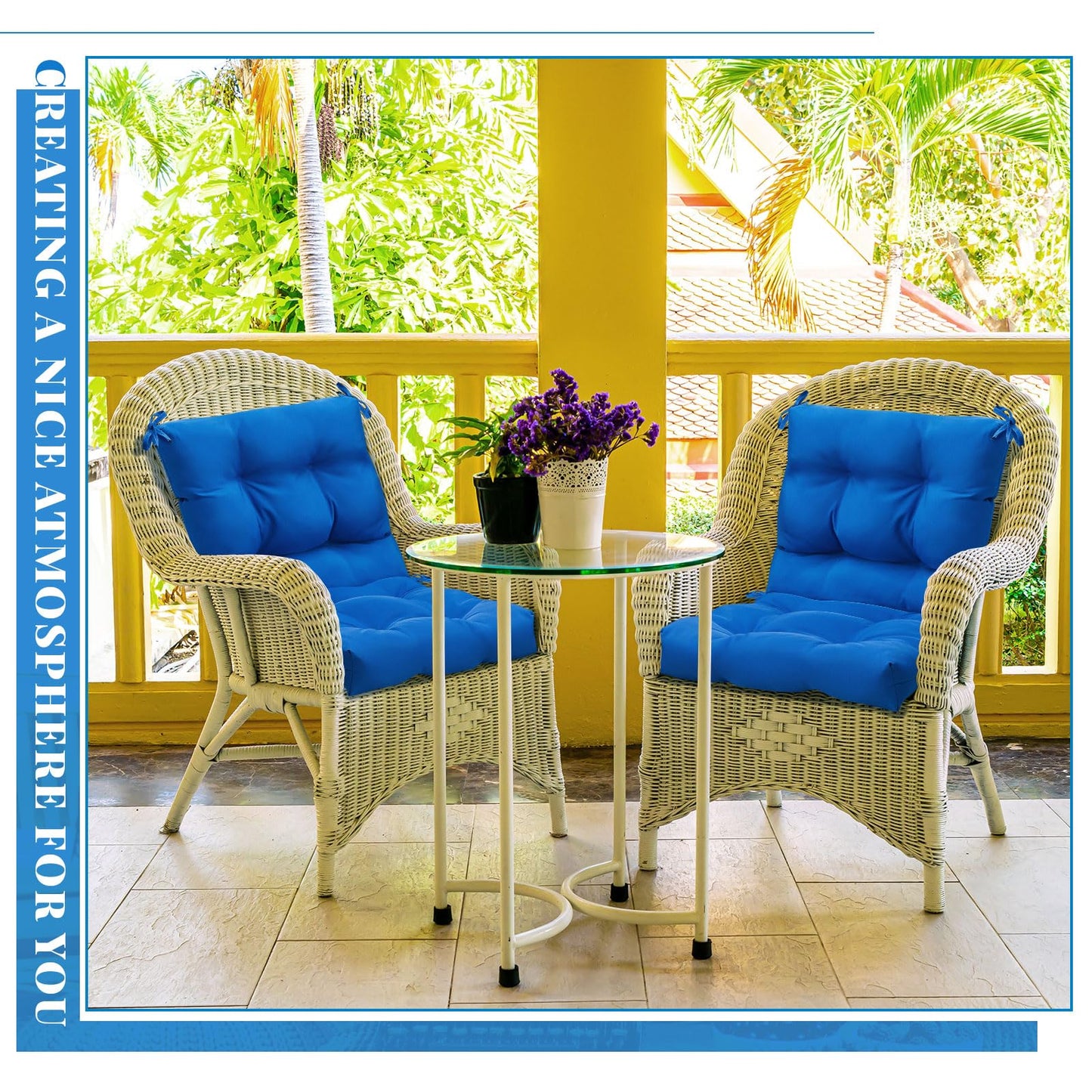 Marsui 6 Pcs Outdoor Indoor High Back Chair Cushions Patio Furniture Tufted Pillow with Ties Water-Resistant Replacement Outdoor Rocking Chair Cushions, 42 x 21 Inches (Blue,Solid Color)