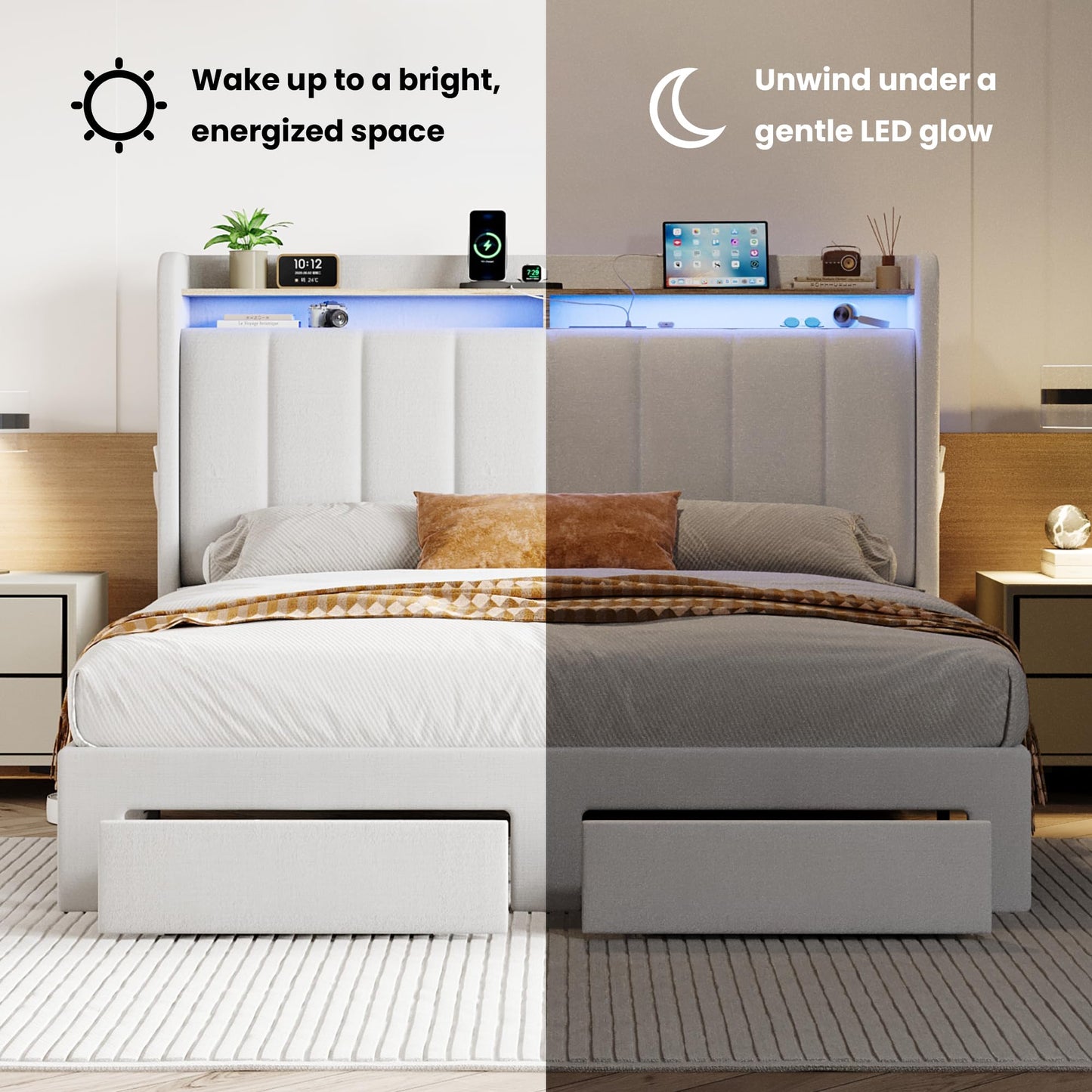 SHA CERLIN Velvet Full Size Bed Frame with Vertical Channel Tufted Wingback Headboard & 2 Storage Drawers/2-Tier Shelves with LED Lights & Charging Station/Noise-Free/No Box Spring Needed/White