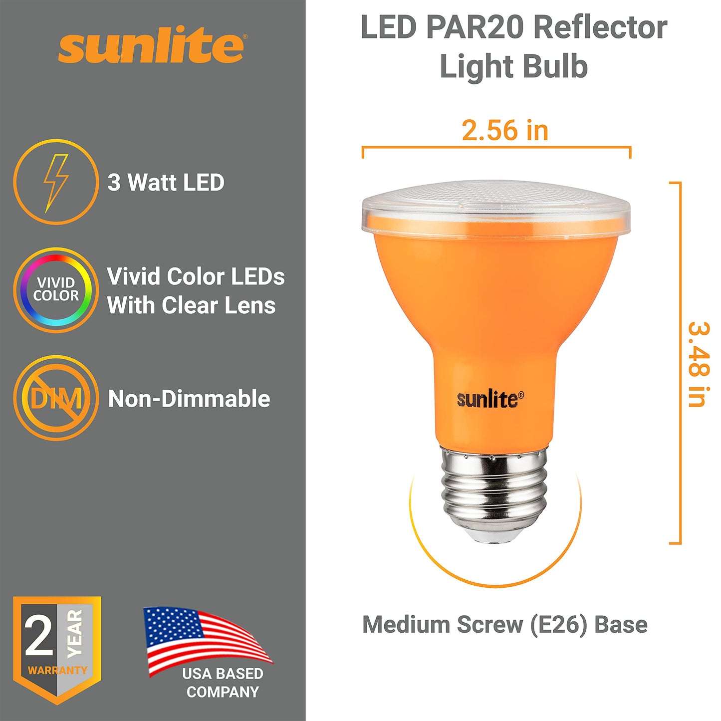 Sunlite LED PAR20 Colored Recessed Light Bulb, 3W (50W Equivalent), Medium E26 Base, Amber, 3 Count