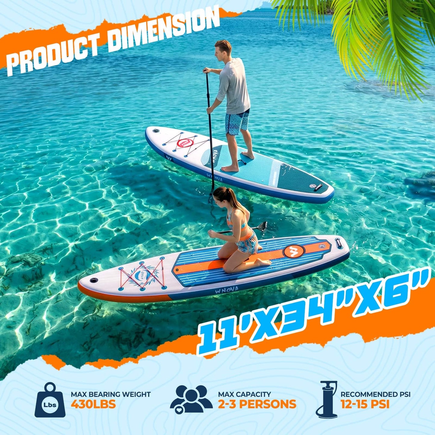 WNOVA 11' Inflatable Stand Up Paddle Board, 34" Extra Wide Stable iSUP for Adults & Youth, with Camera Mount & Premium Accessories, Non-Slip Deck for All Skill Levels (Light Wood Grain)