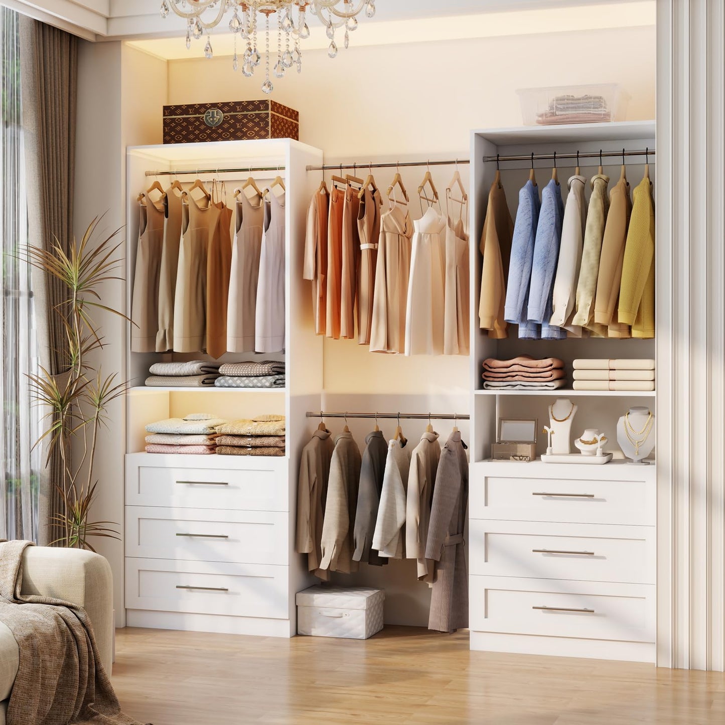 secilix Modular Closet System with 12 Drawers, 8FT Engineered Wood Closet Organizer System for Walk-in Closet, Storage Unit with 8 Extendable Hanging Rods, White (Set of 4)