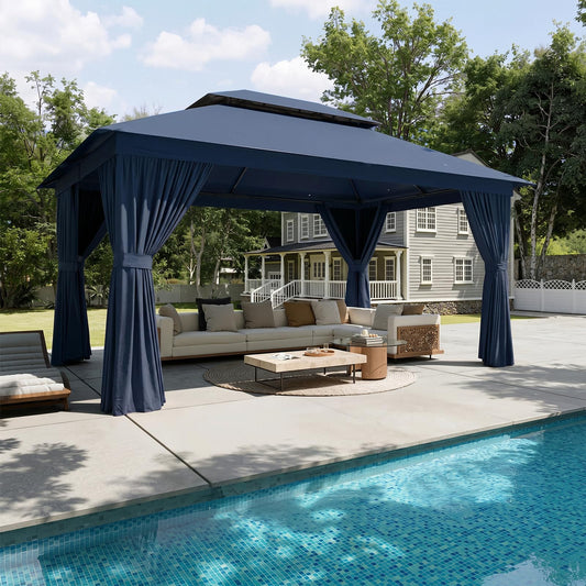 Aoxun 10x12 Outdoor Gazebo for Patio, Metal Frame Canopy Gazebo Double Roof Heavy Duty Backyard Gazebo with Mosquito Netting & Privacy Screen, Patio Shelter for Garden Lawn Deck (Navy Blue)