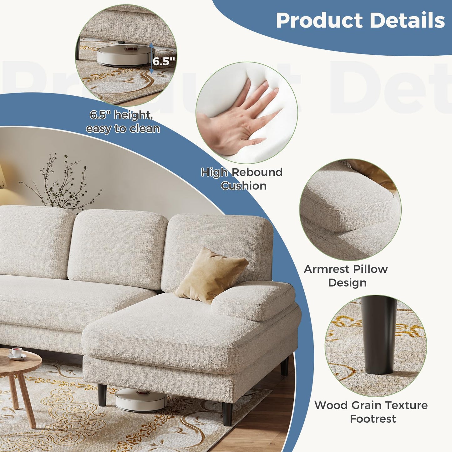 DUMOS Sectional Couches for Living Room, U Shaped Couch with Double Chaise Lounge, Modern Chenille Fabric 4-Seat Couch with Removable Pillows for Apartment/Small Space, Beige