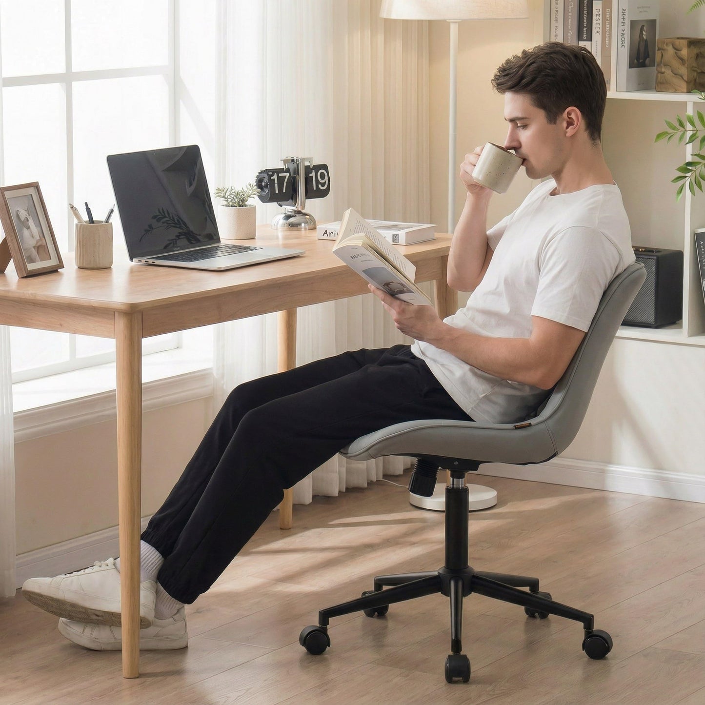 YOUNIKE Office Chair, Armless Desk Chair with Wheels, Adjustable Swivel Rolling Home Office Computer Task Chairs, Modern Faux Leather Upholstered Vanity Chair, Grey