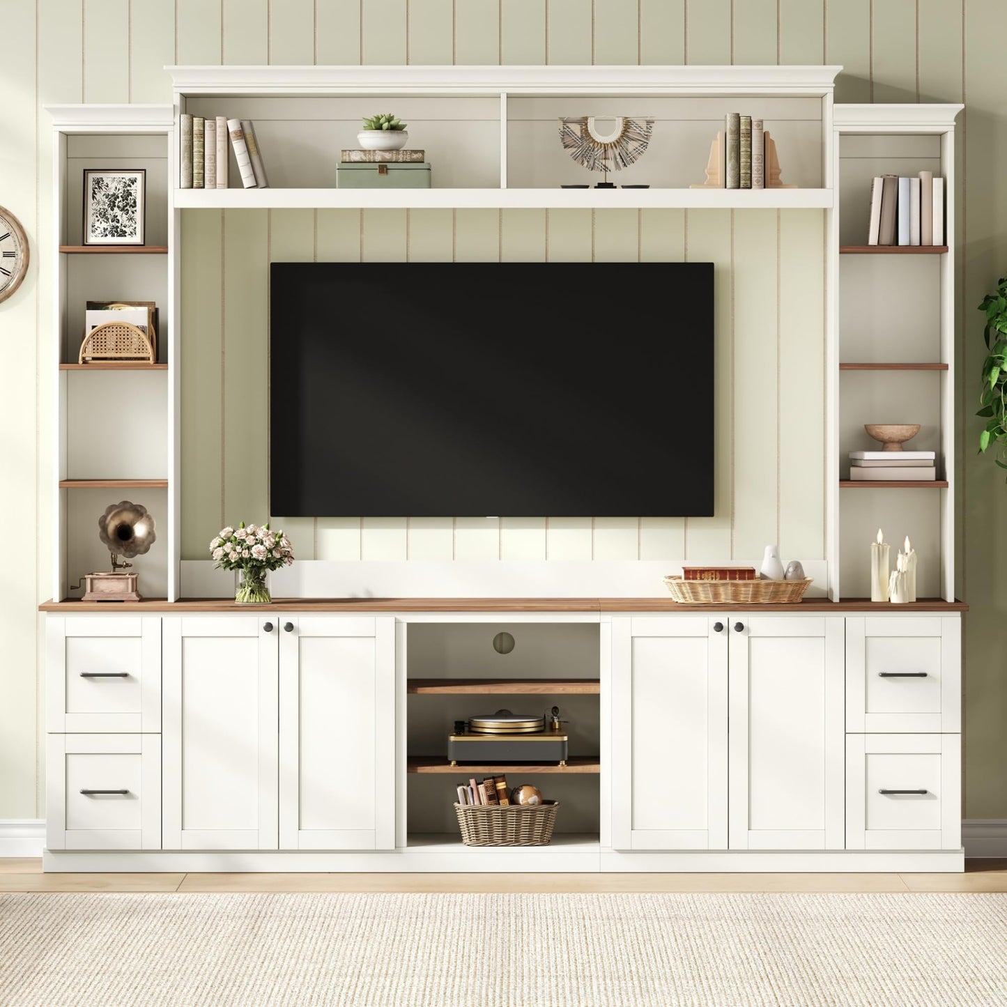 Merax 4-in-1 Wall Unit Entertainment Center with Bookshelf for TVs Up to 70", Farmhouse Large TV Stand with Walnut Adjustable Shelves, Elegant Retro Media Console with Drawers for Living Room, White